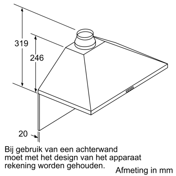 Diagram van een afzuigkap met afmetingen in millimeters.