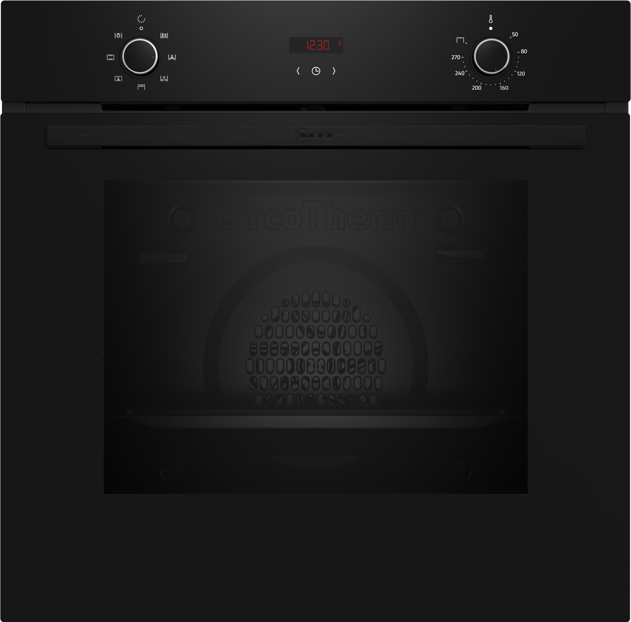 Schwarzer Einbau-Backofen mit Bedienknöpfen und Digitalanzeige. Dunkler Innenraum.