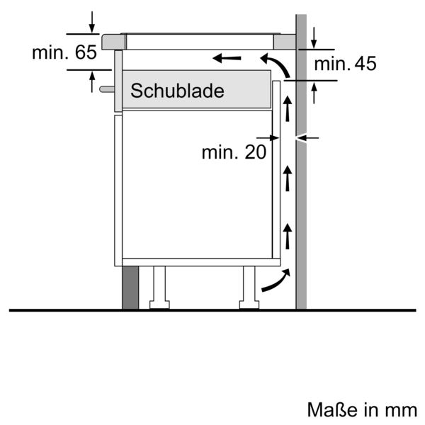 Technische Zeichnung mit Abmessungen eines Küchengeräts mit einer Schublade namens 'Schublade'.