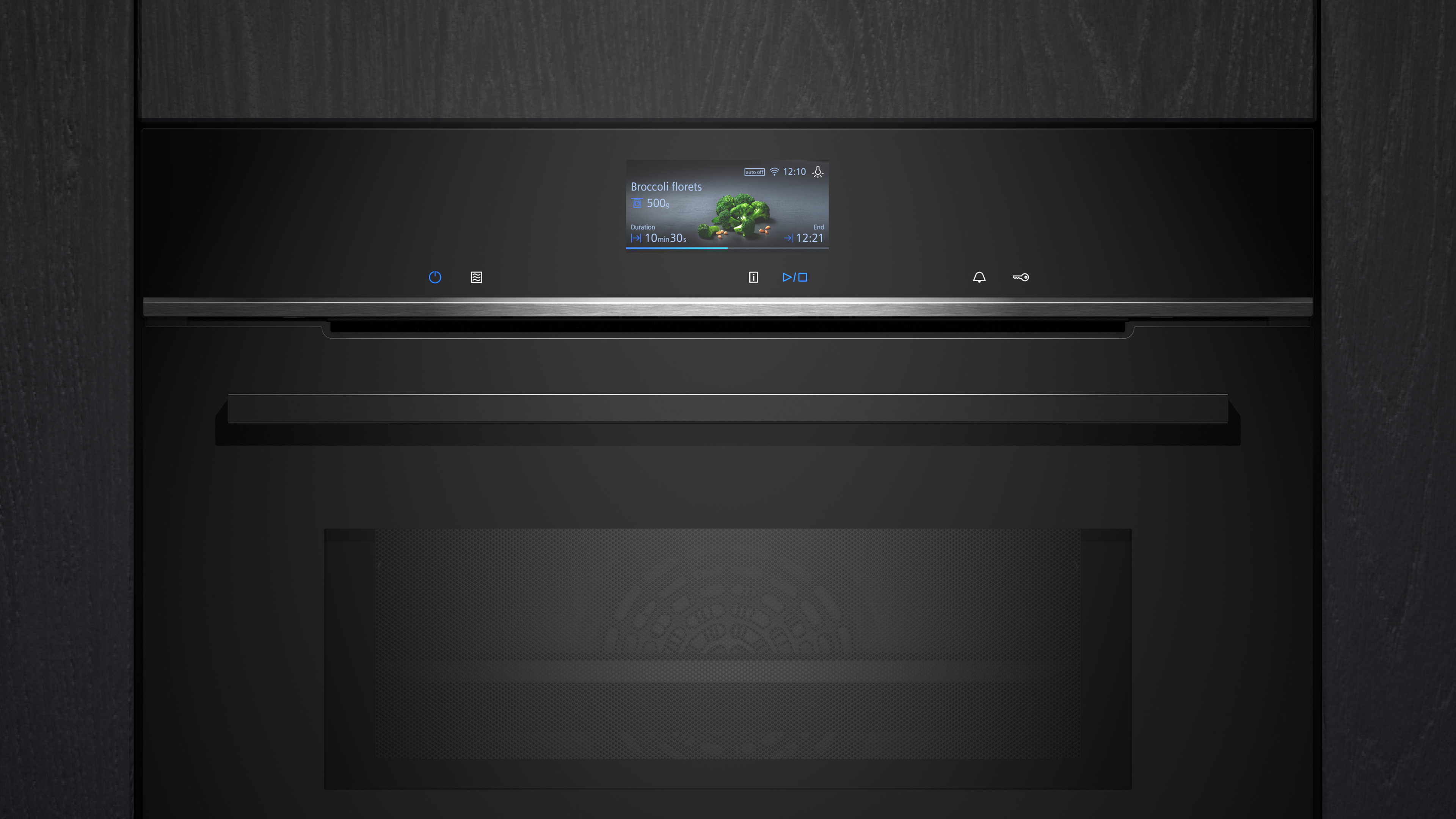 Schwarzer Backofen mit Digitalanzeige, die Kochzeit und Brokkoli-Blüten-Symbol zeigt.