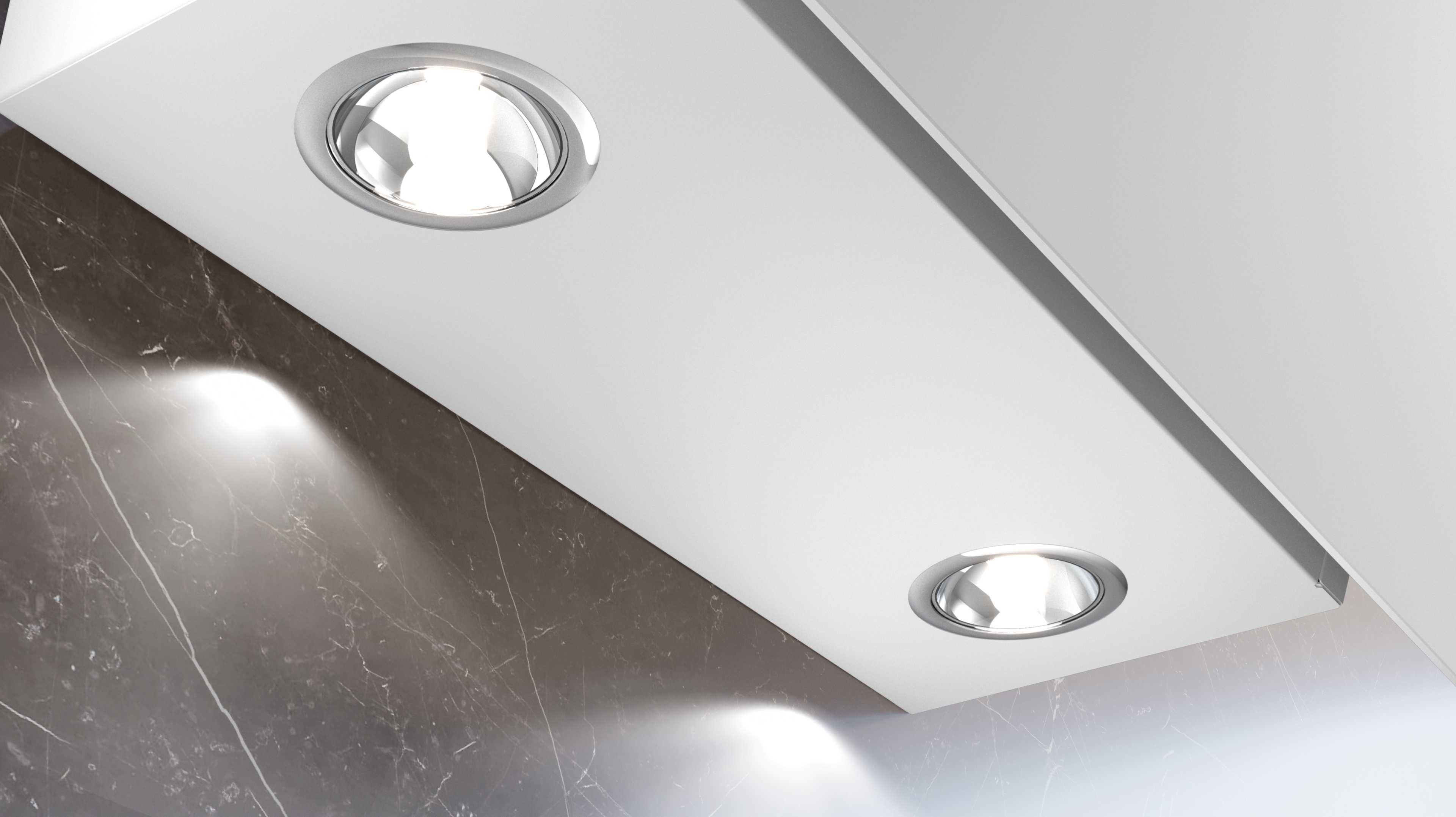 Zwei Decken-Spots mit weißem Panel und Marmorwand.