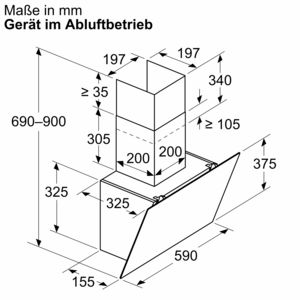 Eine technische Zeichnung zeigt die Abmessungen einer Dunstabzugshaube, einschließlich Maße in Millimetern und einer Draufsicht.