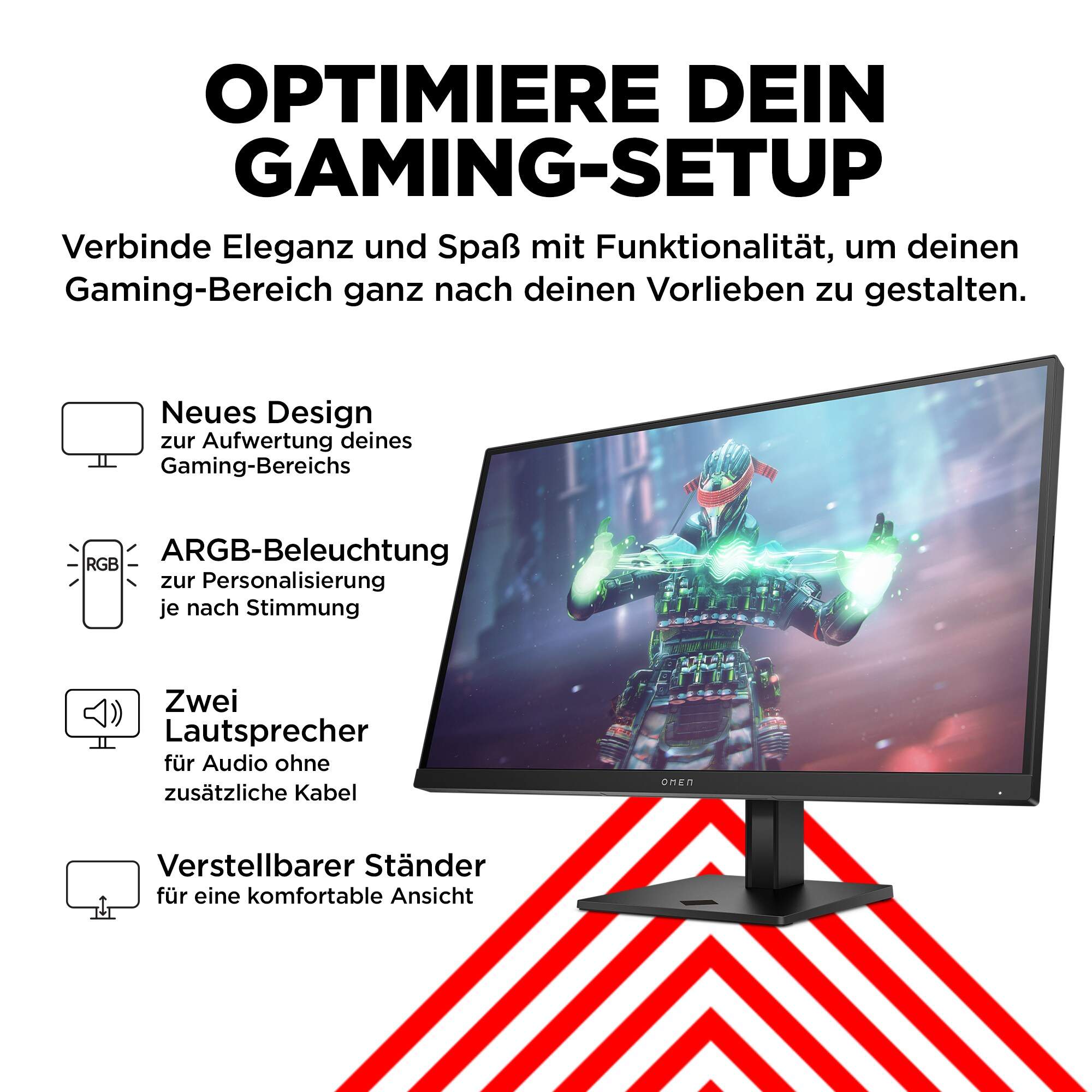 Gaming-Monitor mit Funktionen: neues Design, ARGB-Beleuchtung, Lautsprecher und verstellbarer Ständer.