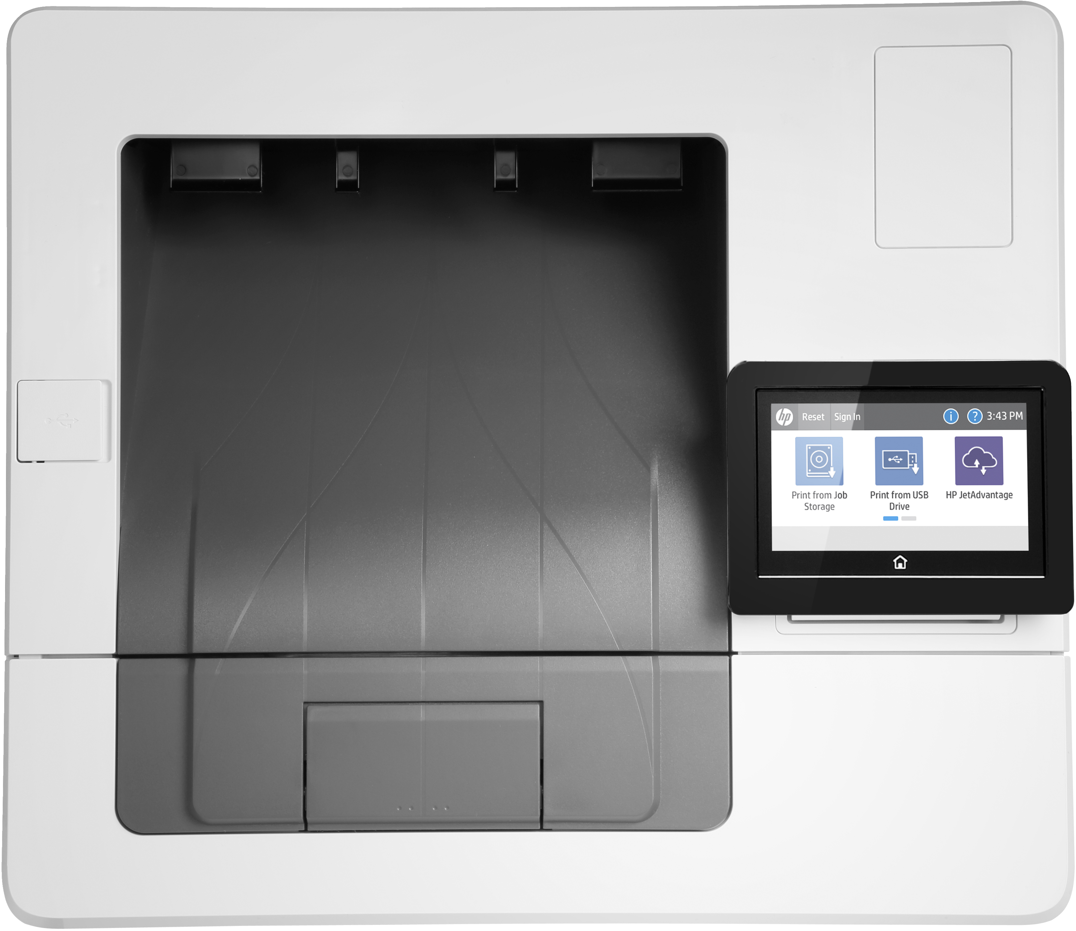 Weißer und grauer Drucker mit Touchscreen-Display. Zeigt Optionen zum Drucken aus verschiedenen Quellen.