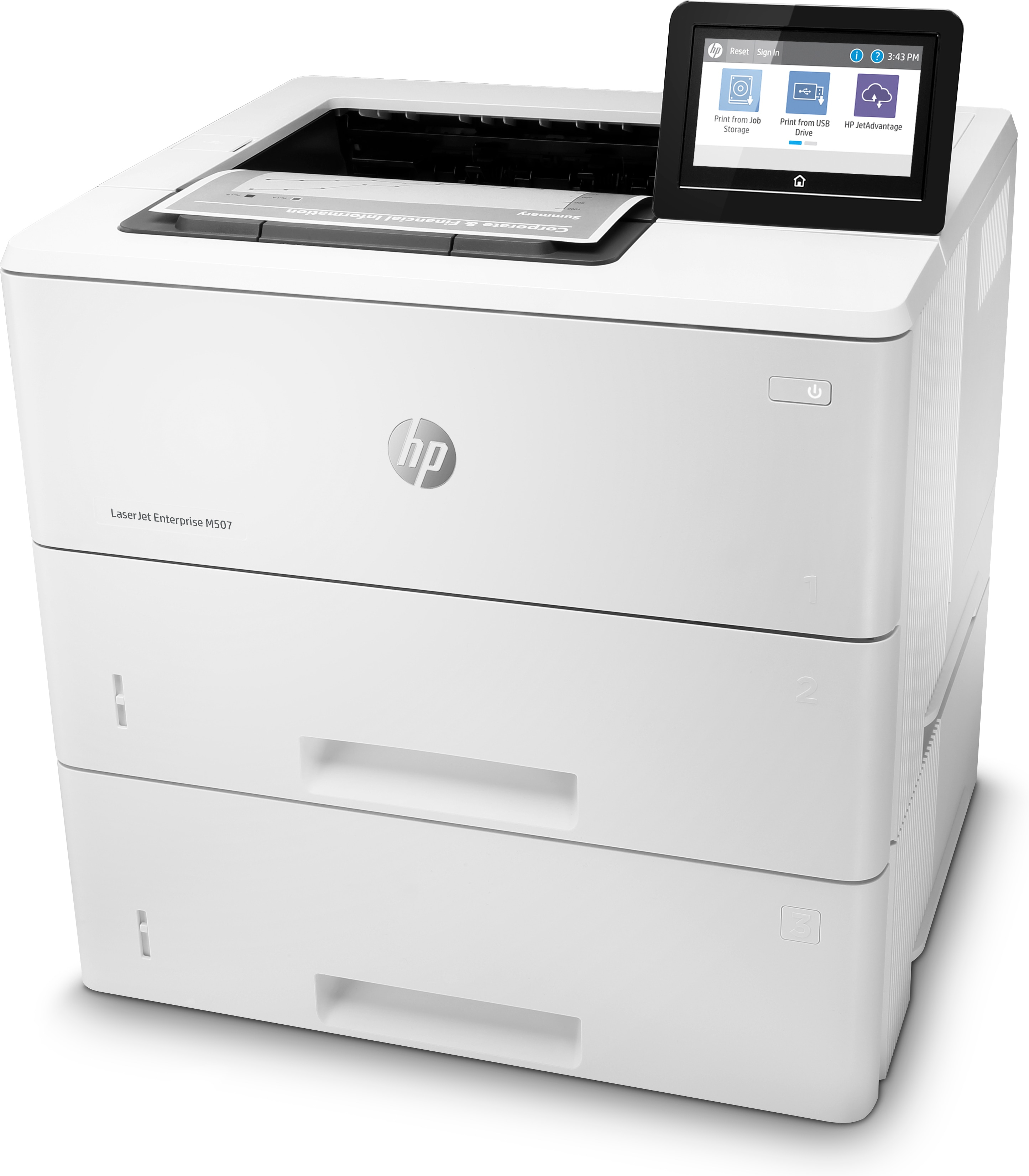 Weißer Laserdrucker mit Bildschirm und Papierfach. Das Logo 'hp' ist sichtbar.