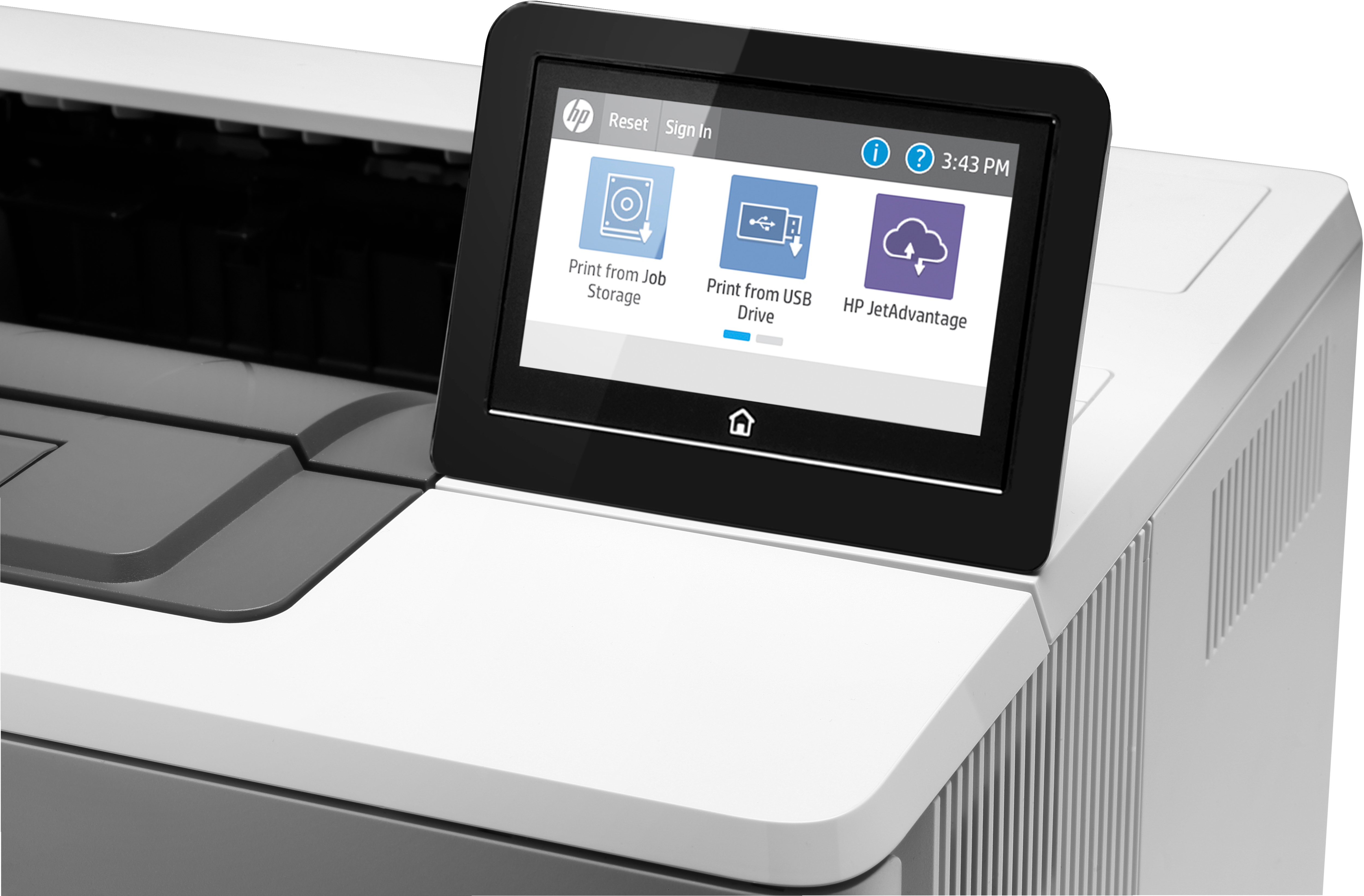 Drucker mit Touchscreen, der Druckoptionen, eine Home-Taste und die Uhrzeit anzeigt.
