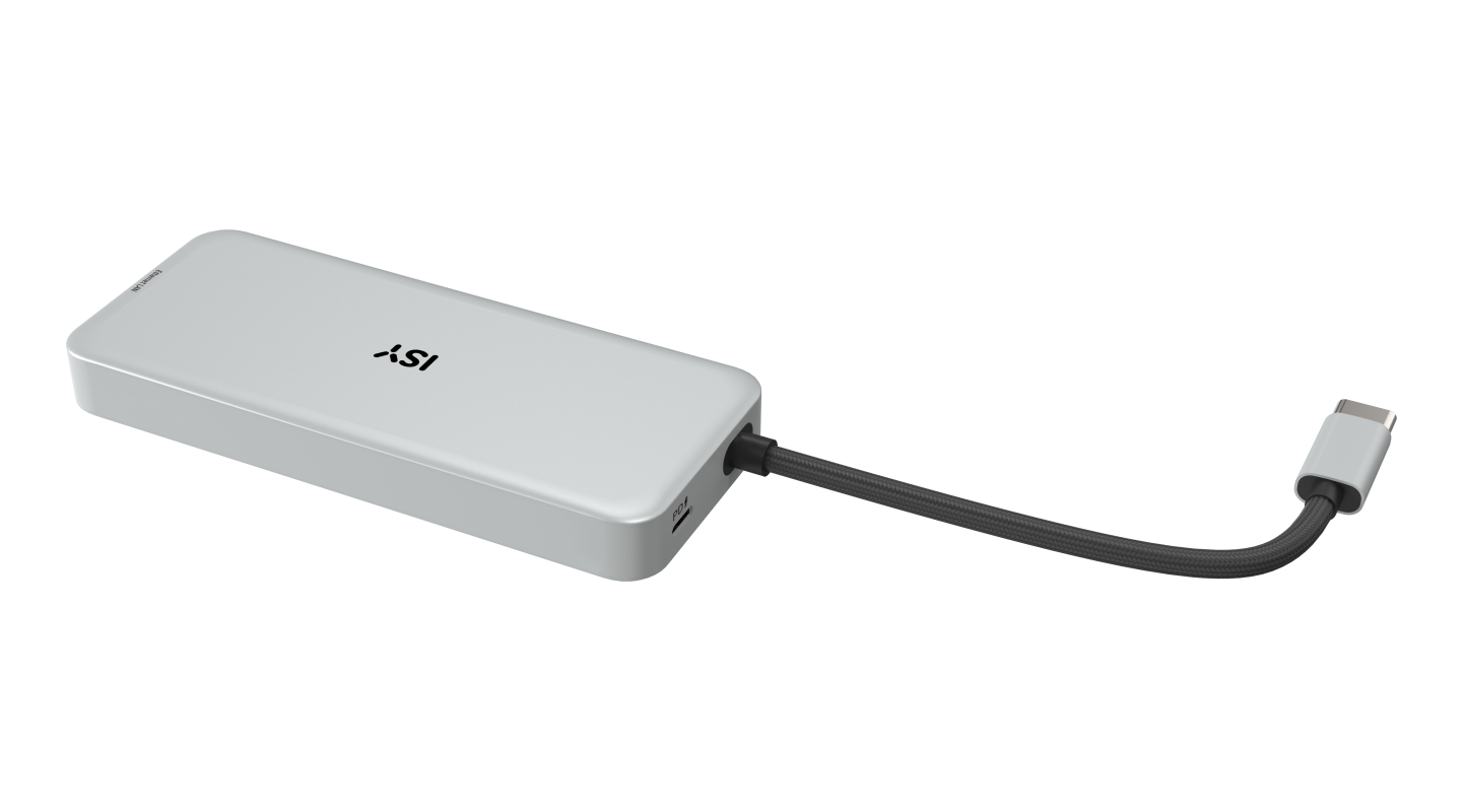 Ein weiß-grauer Adapter mit schwarzem Kabel und USB-C-Anschluss. Er befindet sich auf schwarzem Hintergrund.