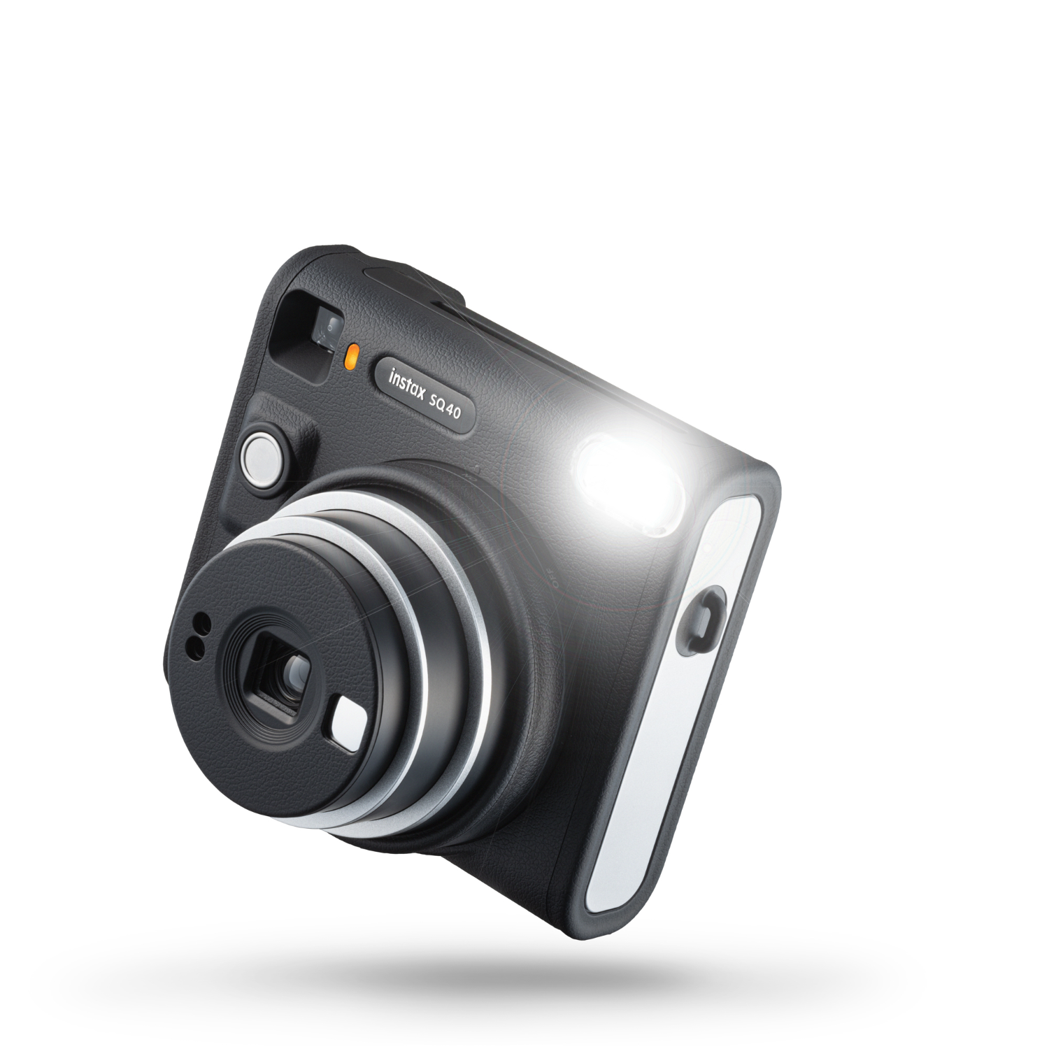 Black Instax camera with flash on. The camera is angled to the viewer, isolated on white.