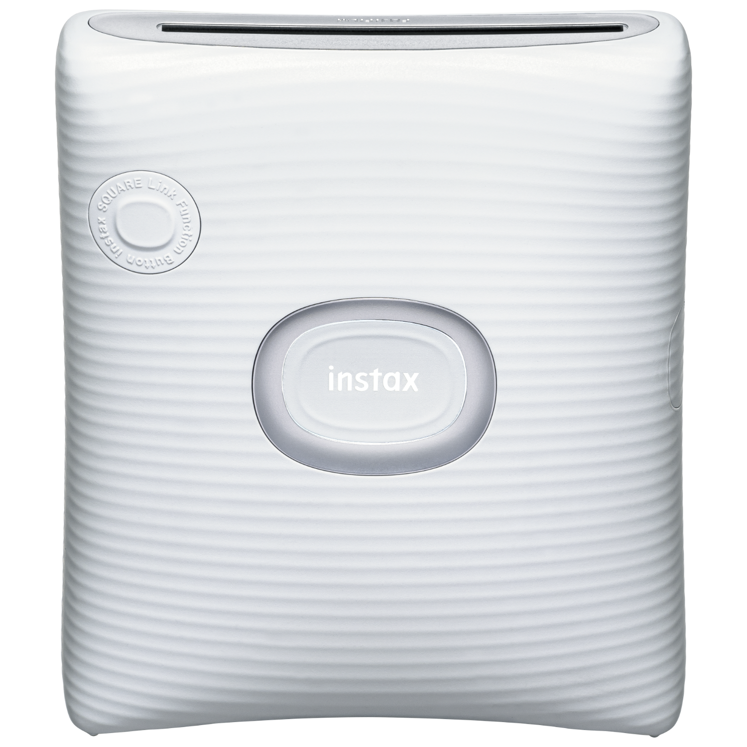White instax printer on black background. Instax logo on the front, with a button above it.
