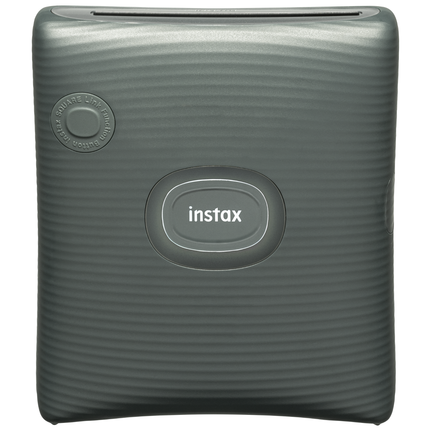 Een grijze Instax Link-printer met een vierkant ontwerp en een grote ovale knop.