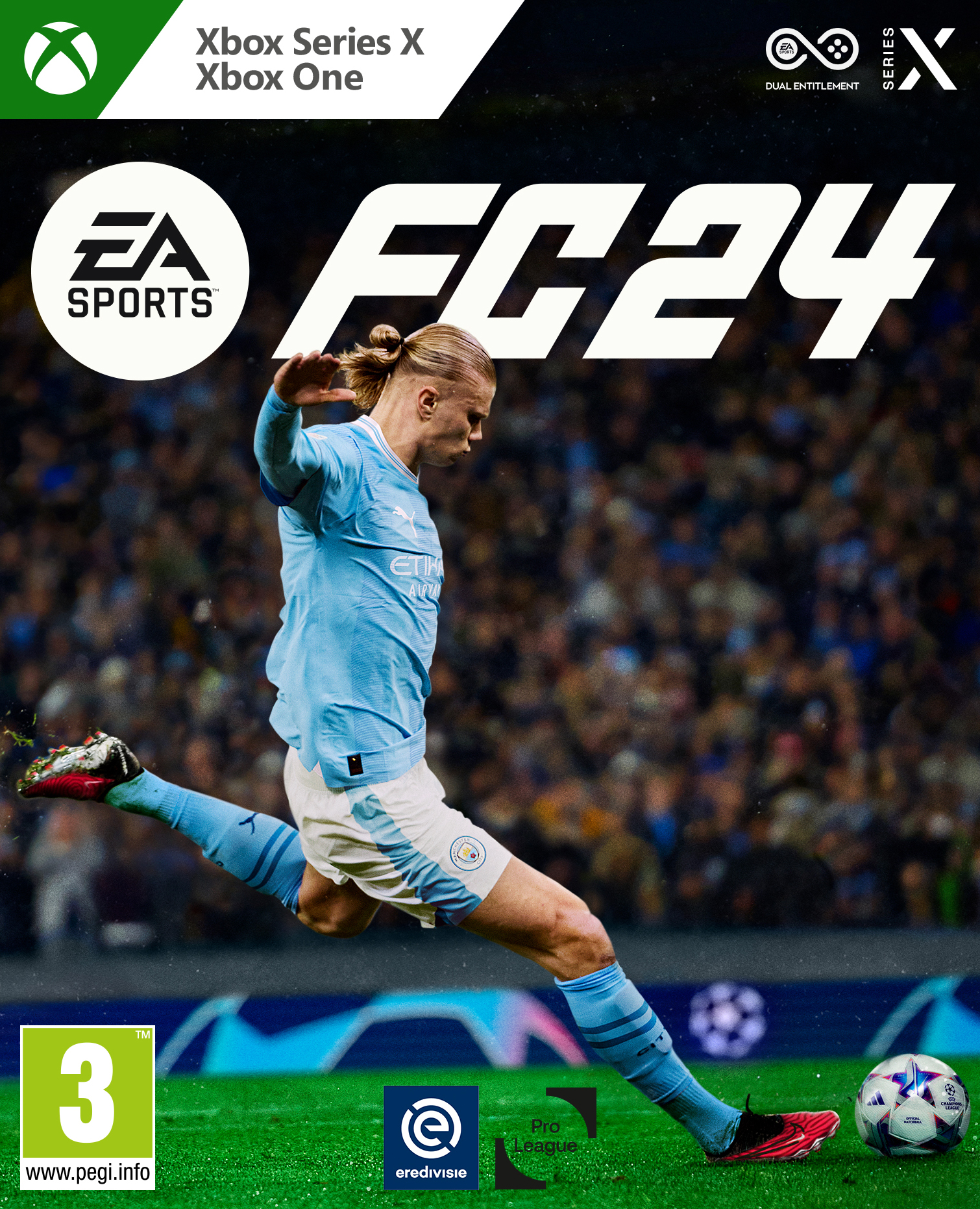 FC24 game cover. Een speler in een lichtblauw shirt schopt een voetbal. 'EA Sports' en 'Xbox' logo's worden getoond.