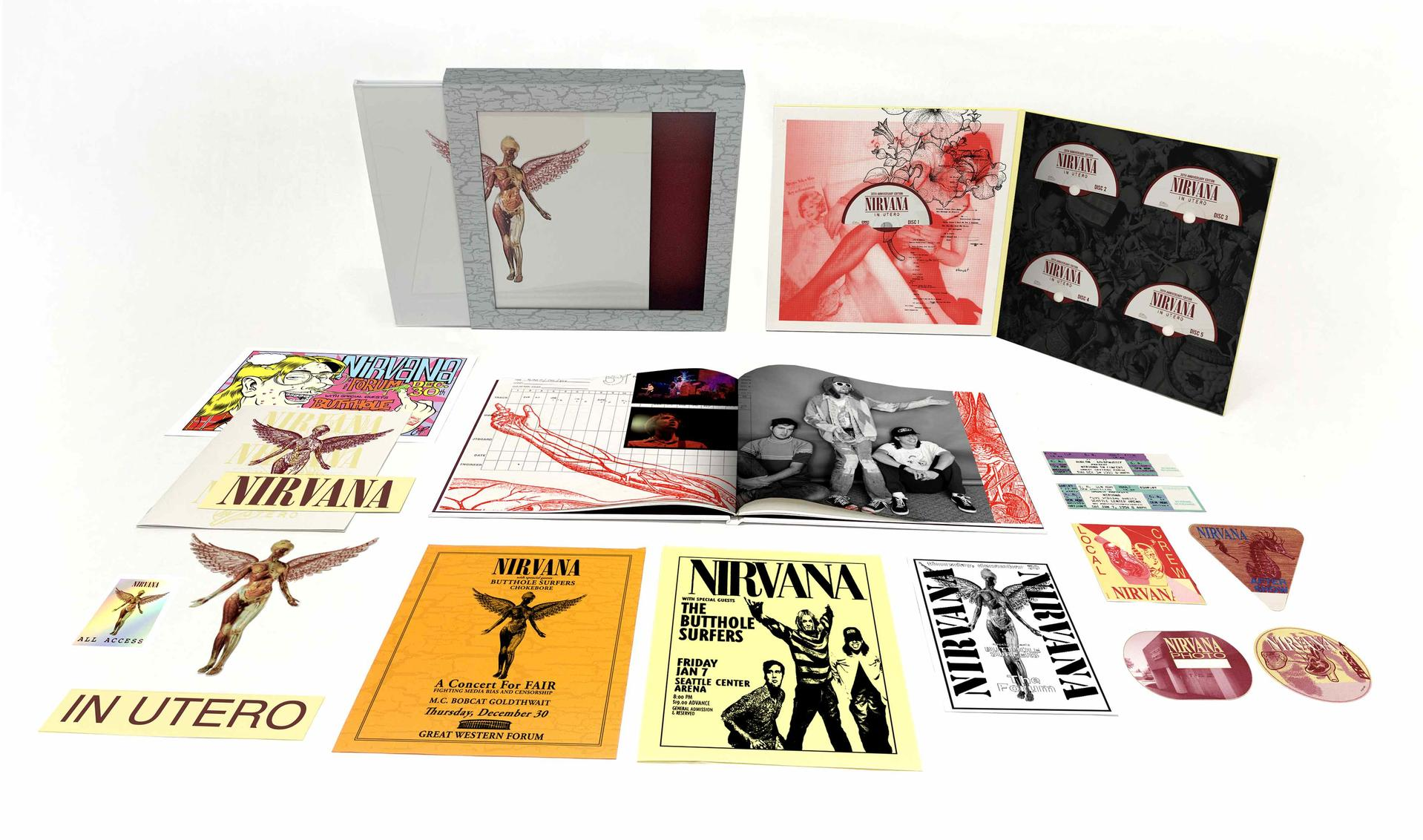 Verschiedene Nirvana-Albumcover, Poster und Einlagen werden auf einer weißen Oberfläche angezeigt, einschließlich des In Utero-Covers.