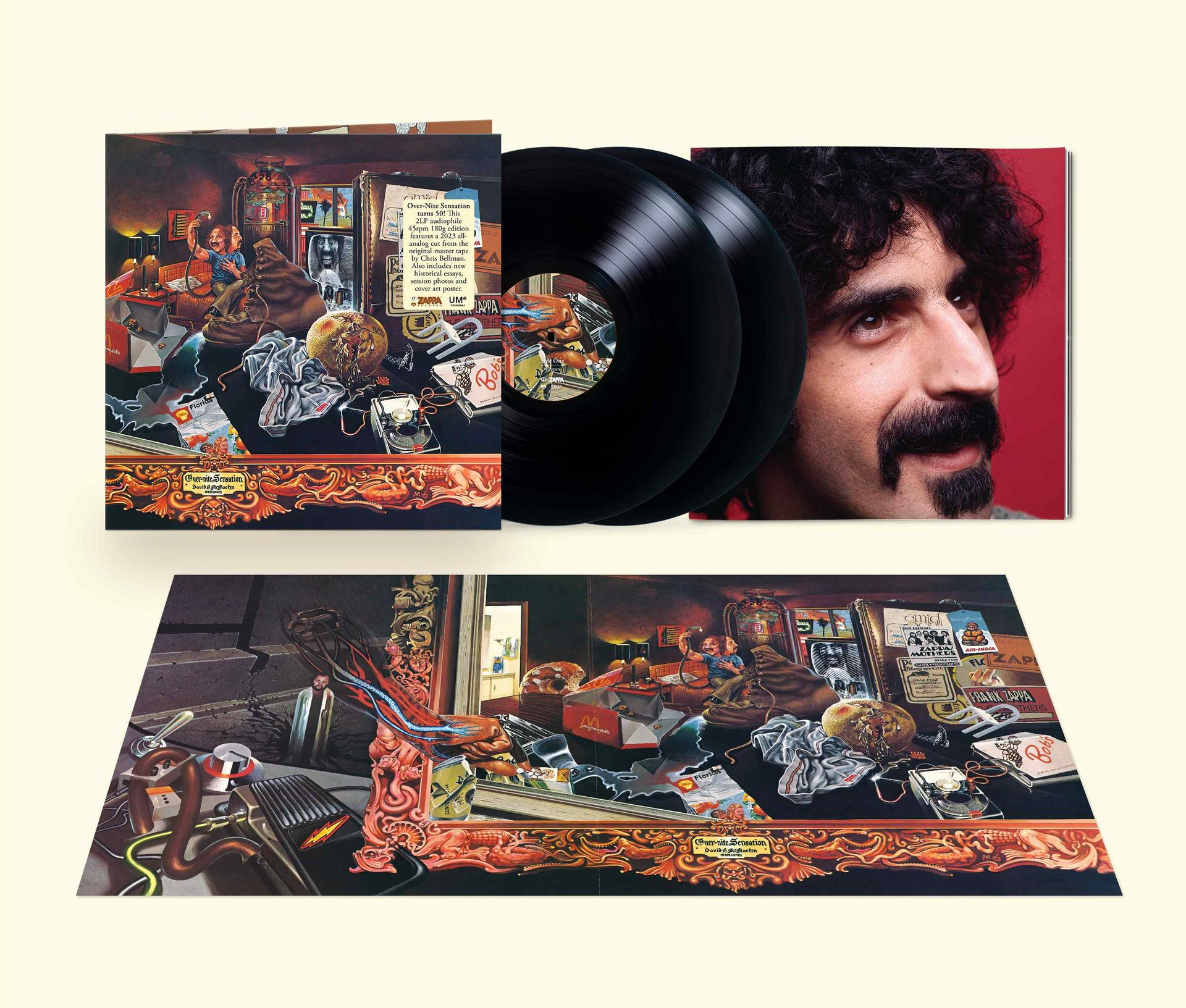 Frank Zappa Albumcover-Kunst, mit Schallplatten und einem Porträt von Zappa.