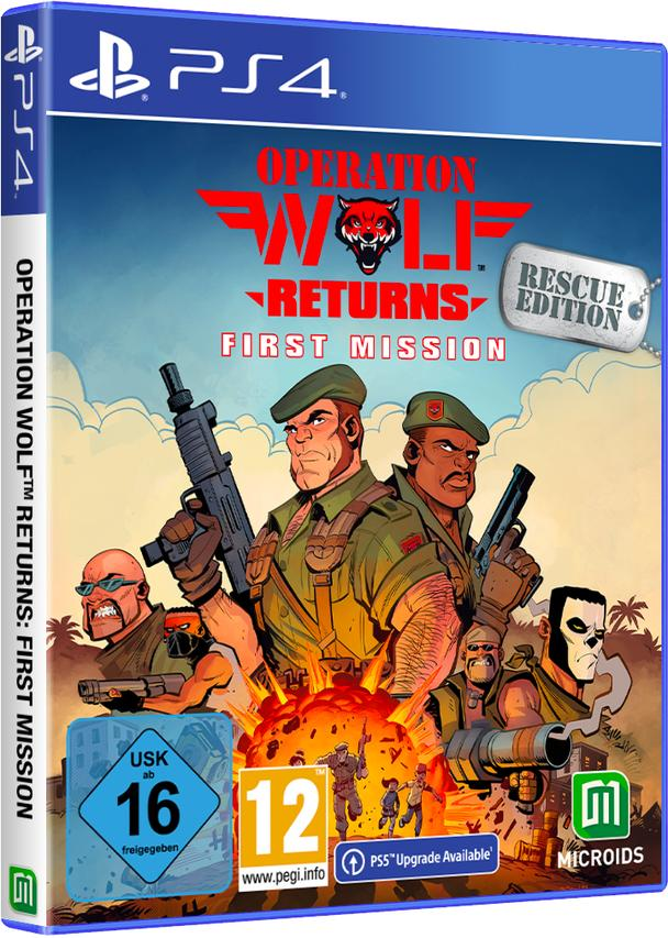 PS4-Spielcover. Männer mit Waffen auf einem Schlachtfeld, Titel: Operation Wolf Returns: First Mission.