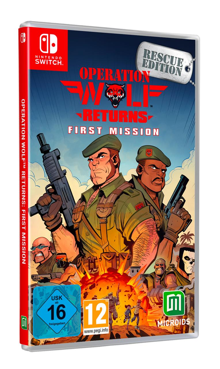 Spielhülle: Soldaten mit Waffen, Explosion Grafik, Rettung-Tag oben. Rotes und blaues Nintendo Switch Logo.