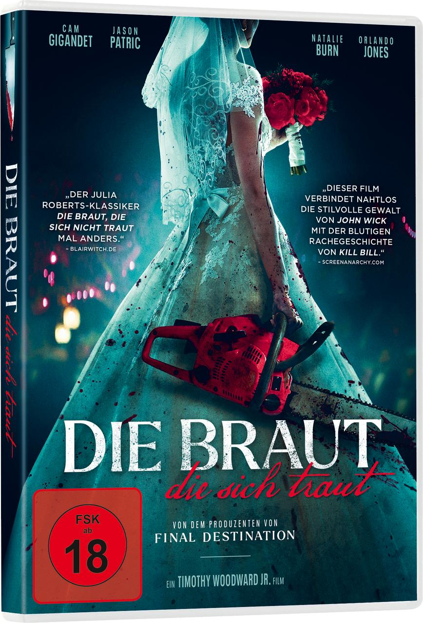 Filmcove: Eine Braut in blutbeflecktem Kleid hält eine Kettensäge. Der Titel lautet Die Braut.