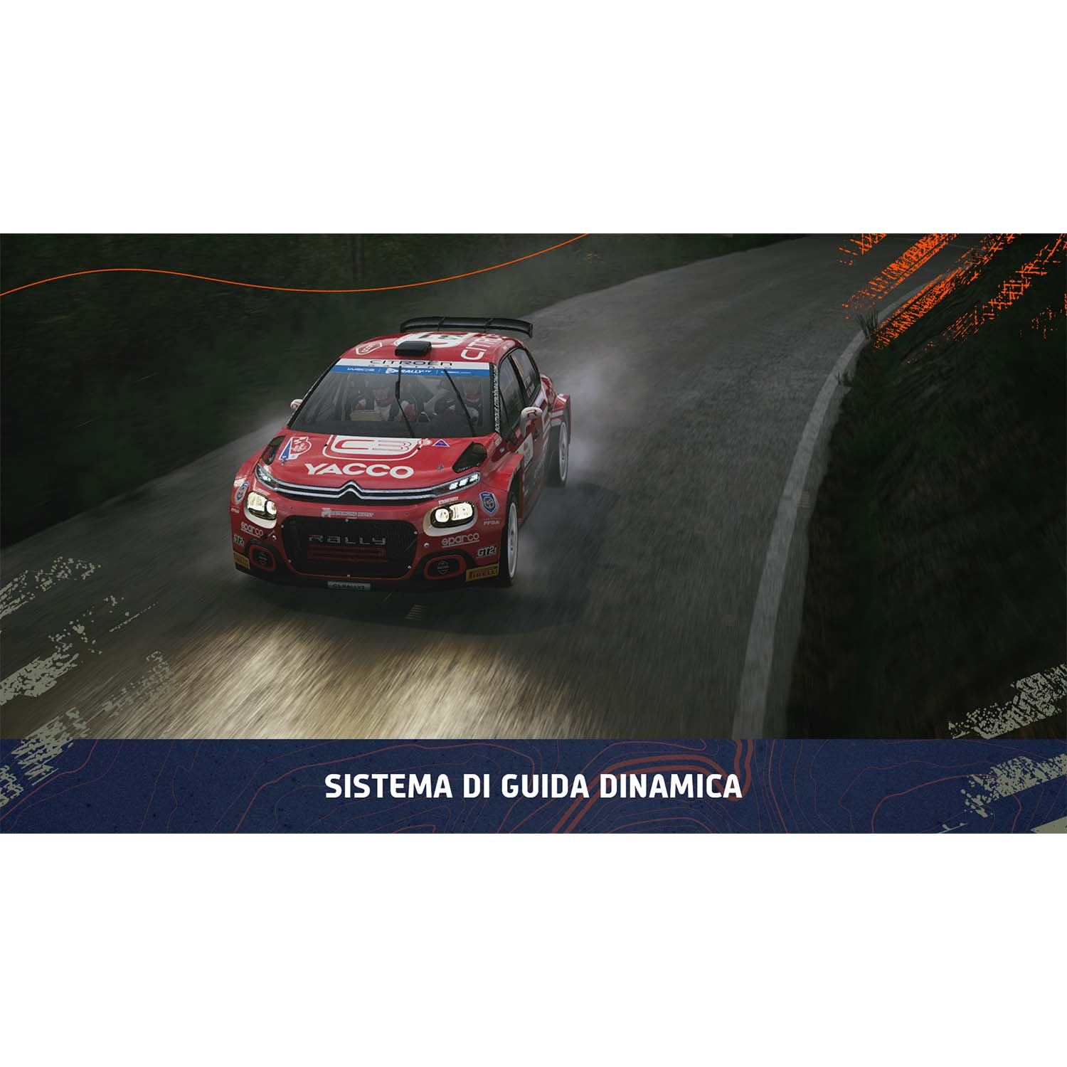 Un'auto da rally rossa che corre su una pista con le parole SISTEMA DI GUIDA DINAMICA.