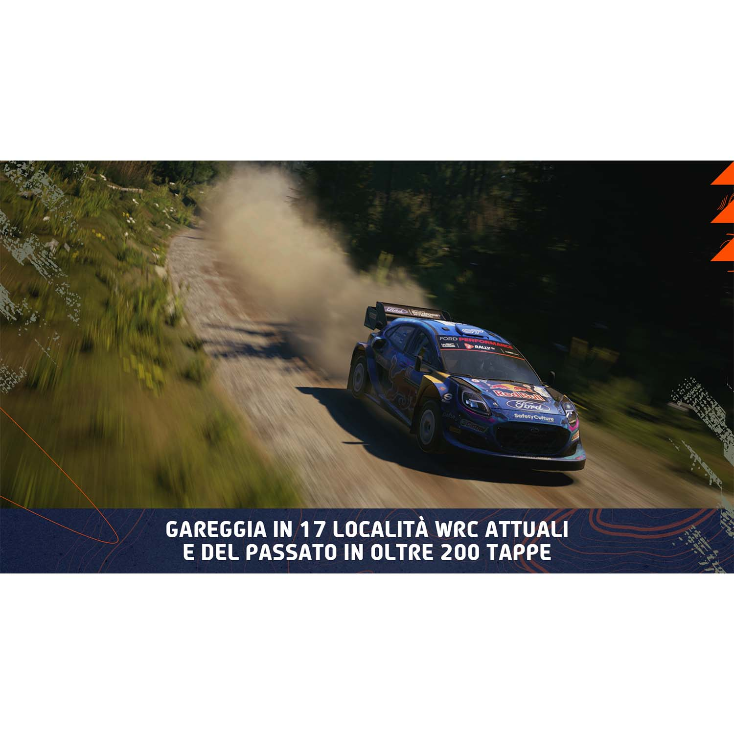 Auto da rally blu che corre su una strada sterrata, testo in italiano sotto.