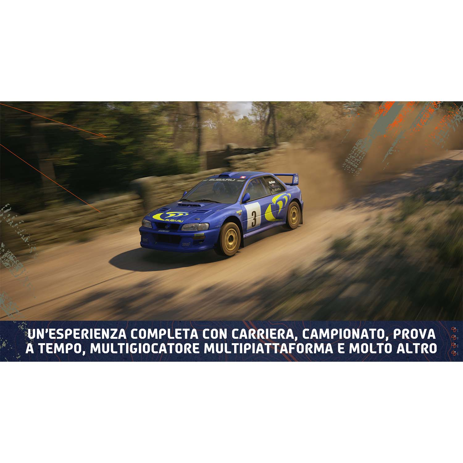 Un'auto da rally Subaru blu che corre su una pista sterrata in un videogioco.