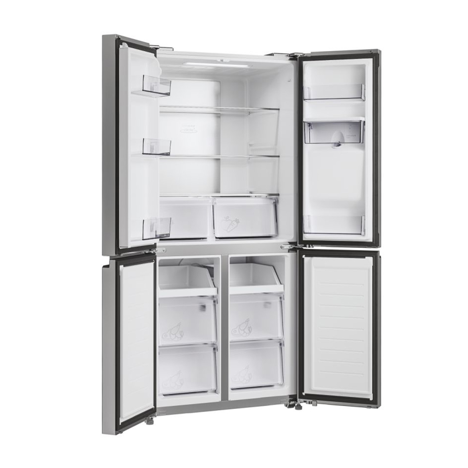 Frigorifero aperto che mostra ripiani, cassetti e contenuto. Esterno argentato, interno bianco e alimenti.