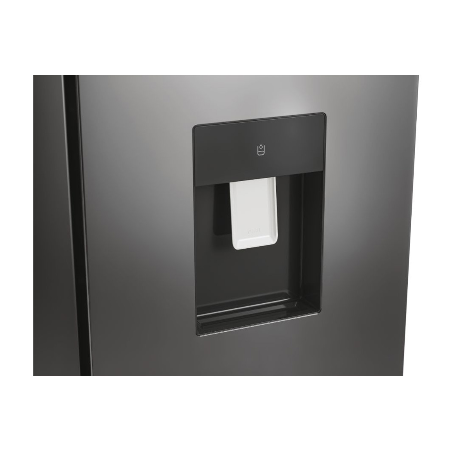 Frigorifero nero con dispenser d'acqua.