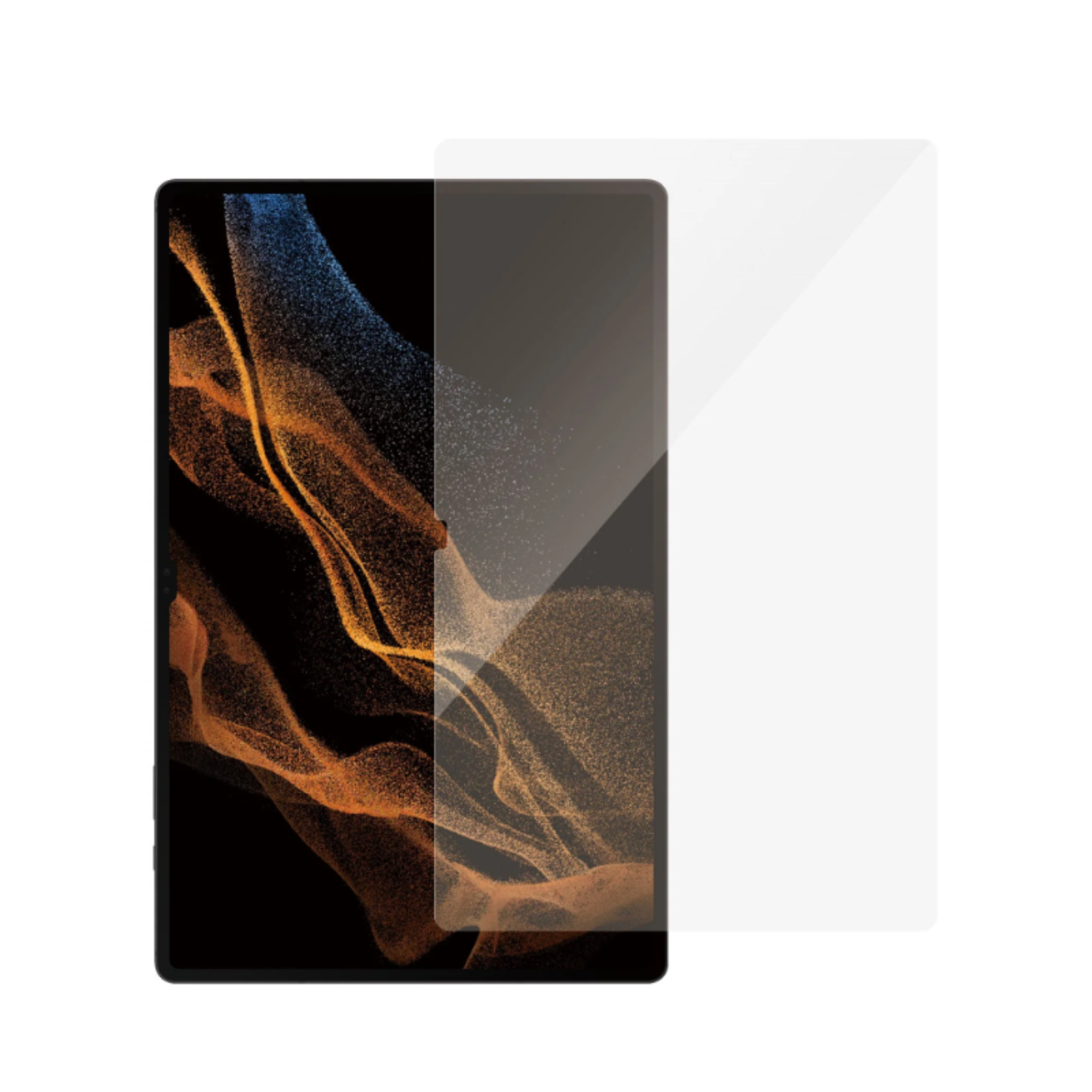 Zwarte tablet met een heldere schermbeschermer ernaast, op een witte achtergrond.