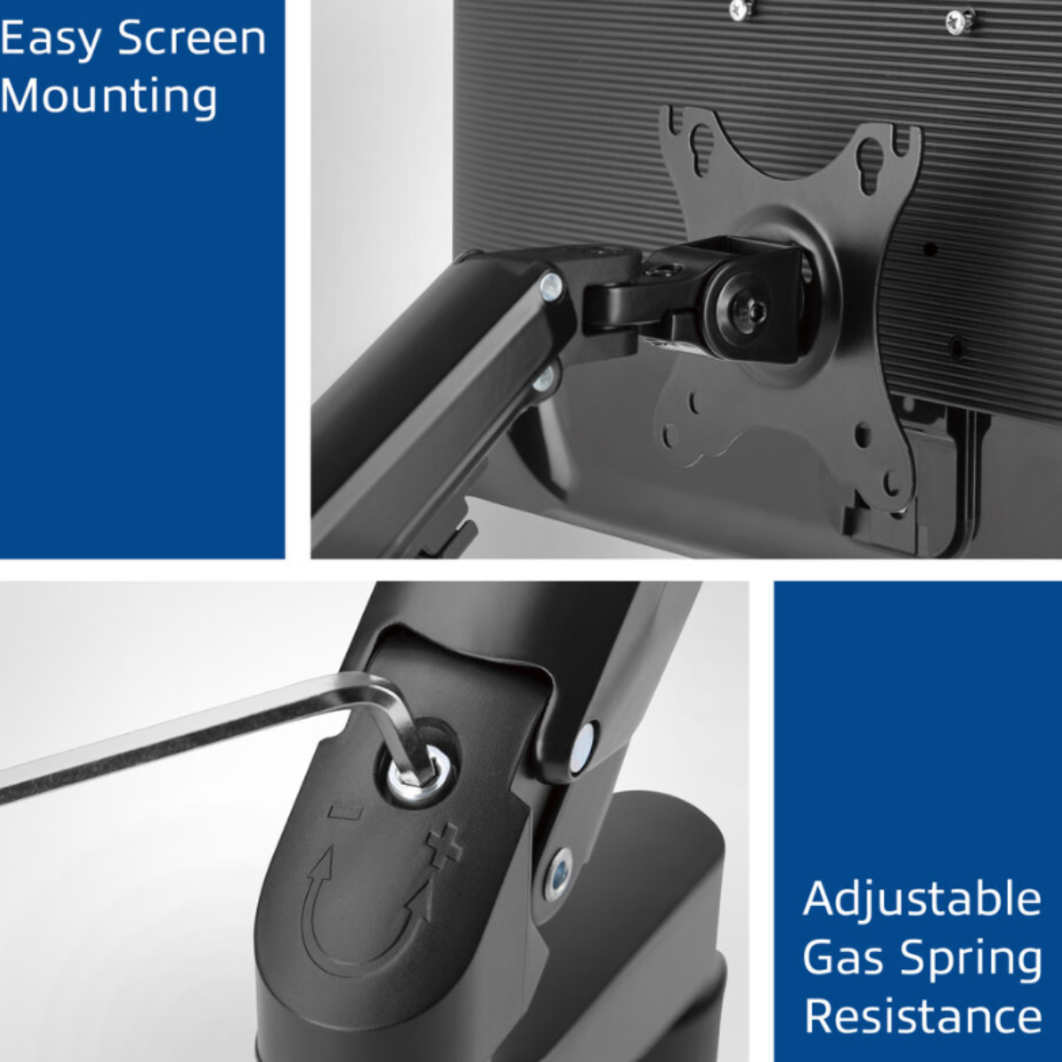 Close-up van monitorarm met verstelbare gasveer en inbussleutel.