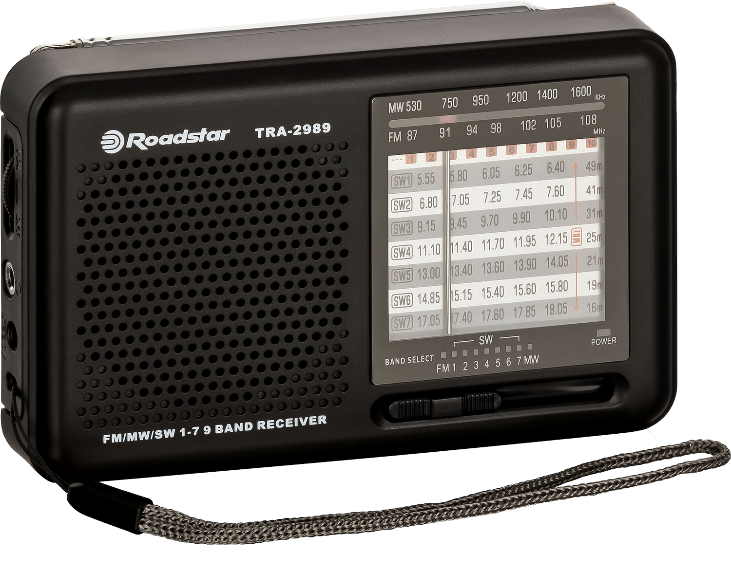Fekete Roadstar TRA-2989 rádió sávkijelzéssel.