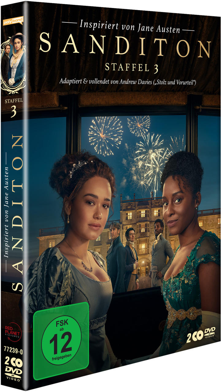 DVD-Cover für Sanditon mit zwei Frauen auf der Vorderseite und einem Sonnenuntergangshintergrund.