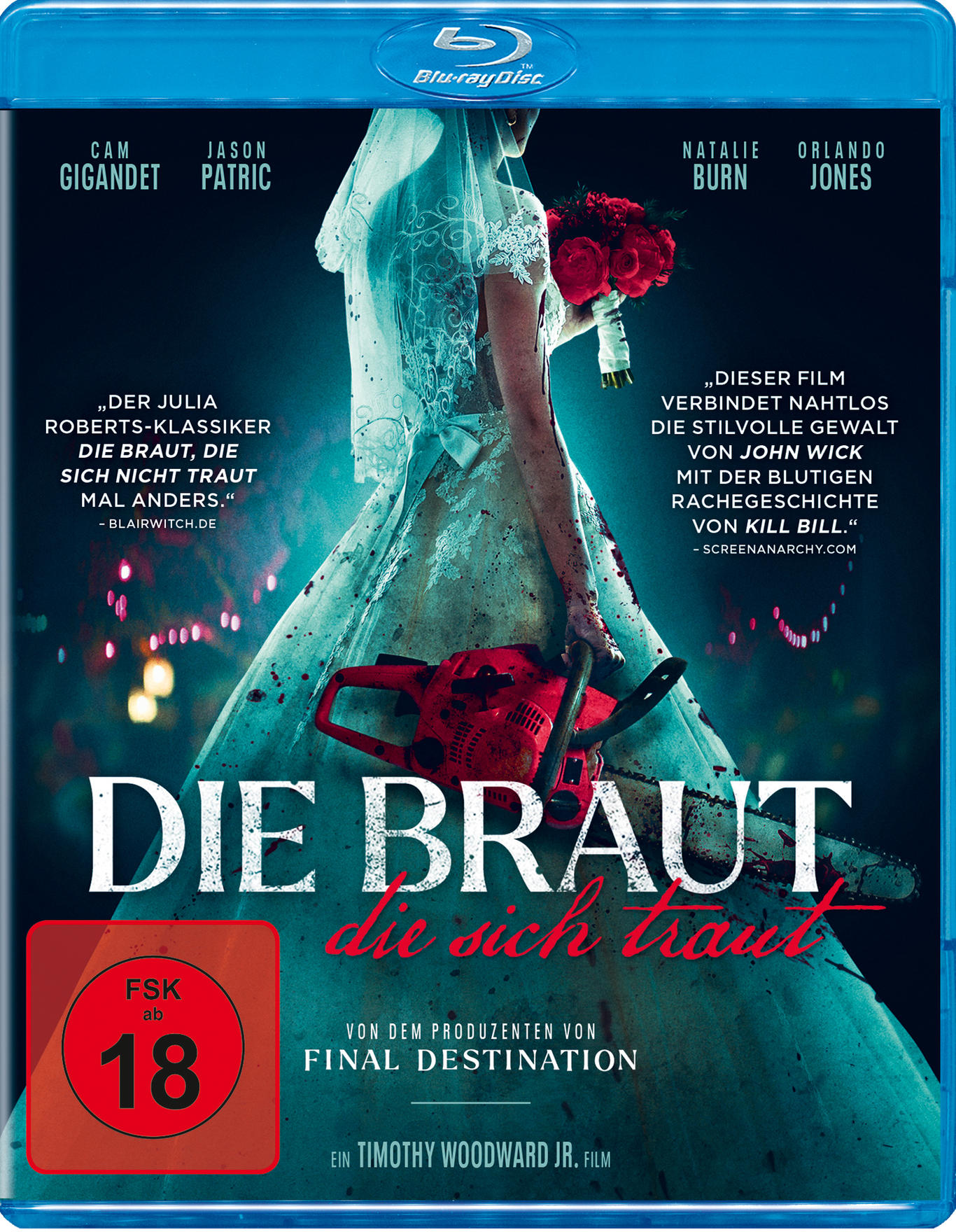 Blu-ray-Cover, Frau in Brautkleid, Kettensäge.