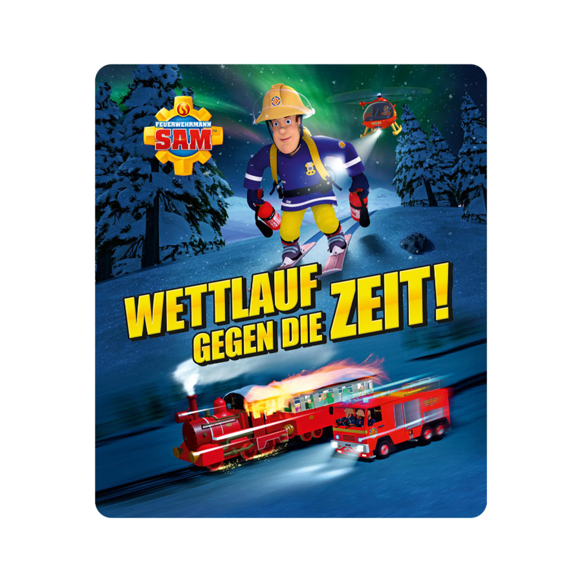 Feuerwehrmann Sam Cartoon, mit einem Zug, Feuerwehrauto und Helikopter in einer Winterszene.