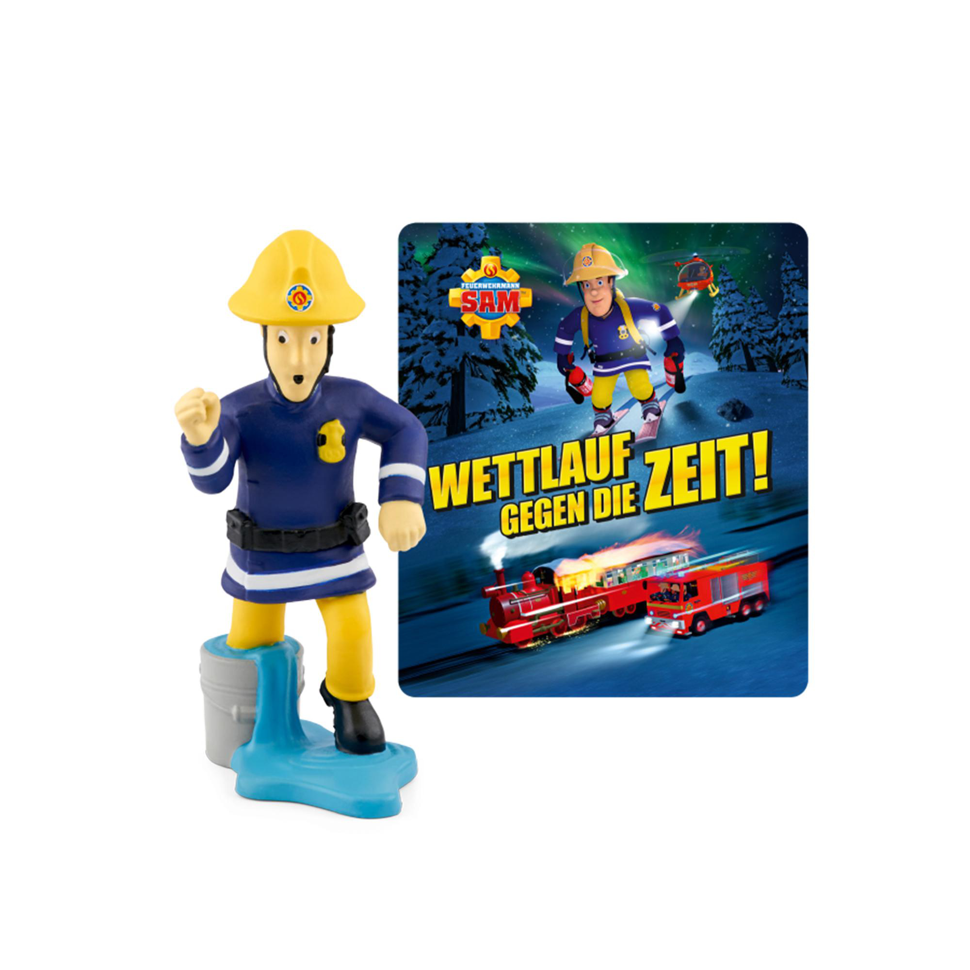Feuerwehrmann Sam-Figur. Eine Karte zeigt eine Szene mit einem Zug und Feuerwehrleuten. Weißer Hintergrund.