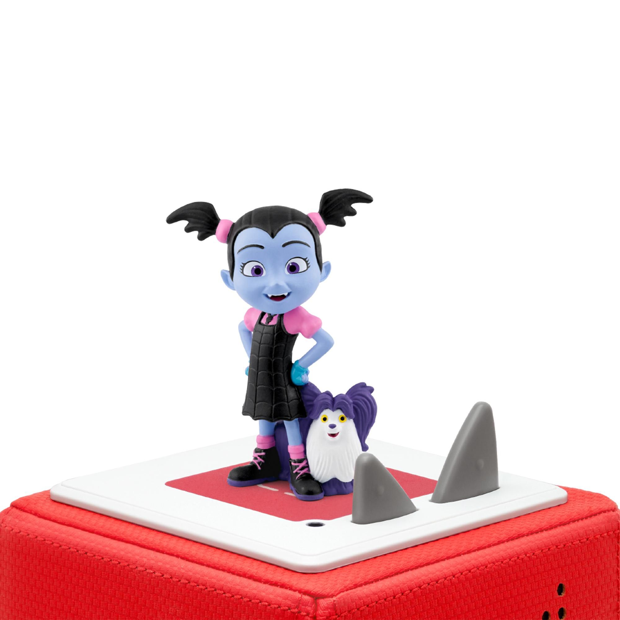 Vampirina-Spielfigur mit Hund auf roter Plattform. Der Hund ist lila, die Figur schwarz.