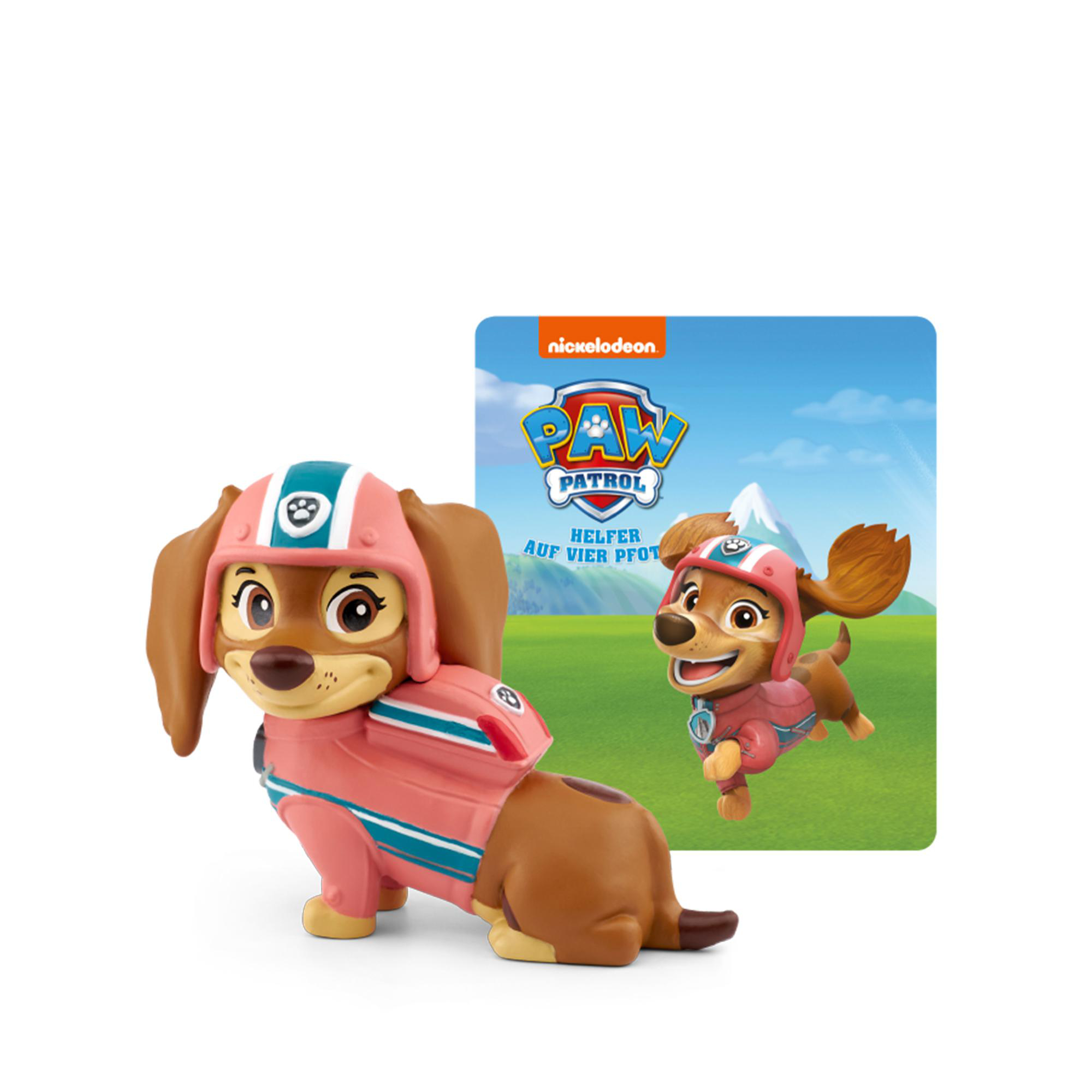 Paw Patrol Figuren: Hund in rosa Helm und Outfit, ein anderer im Hintergrund rennt.
