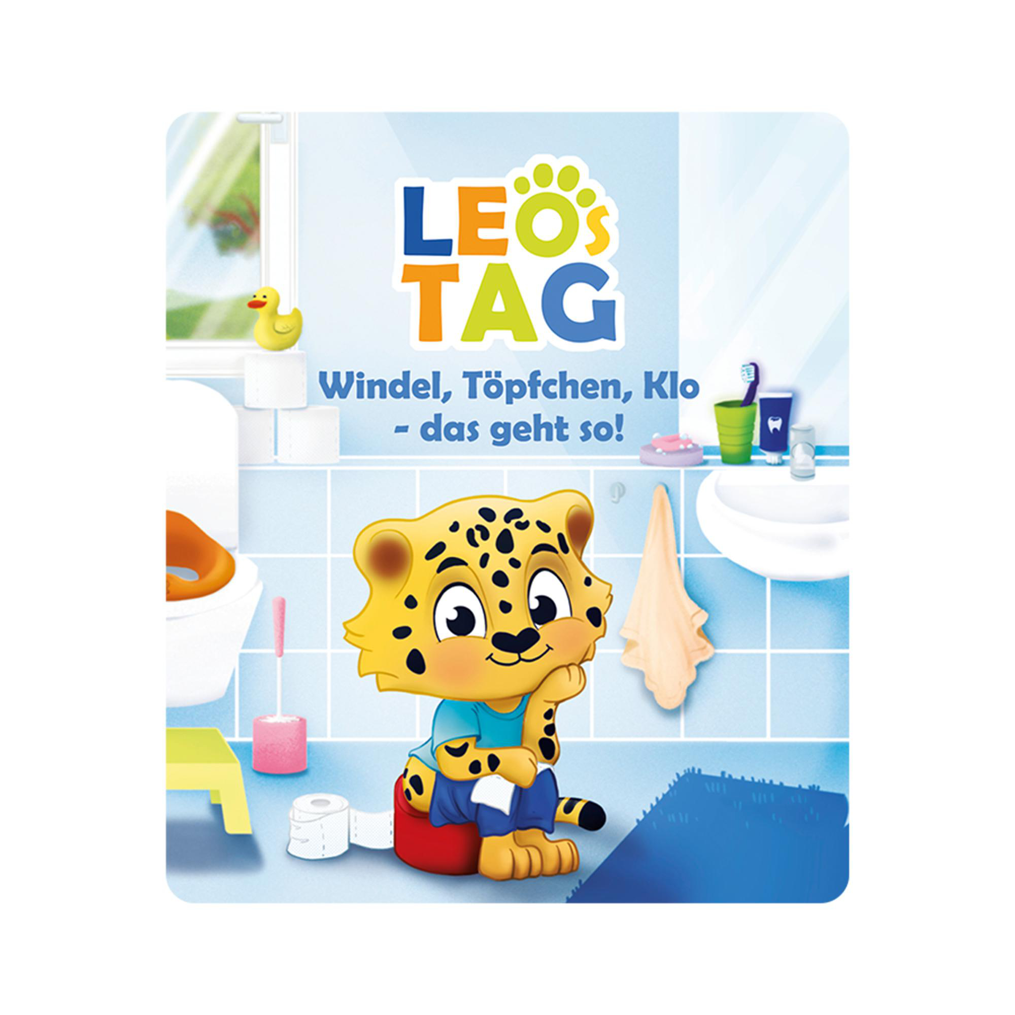 Cartoon-Leopard im Badezimmer, auf roter Töpfchen sitzend. Text auf Deutsch: 'Leo's Tag' und Anweisungen.