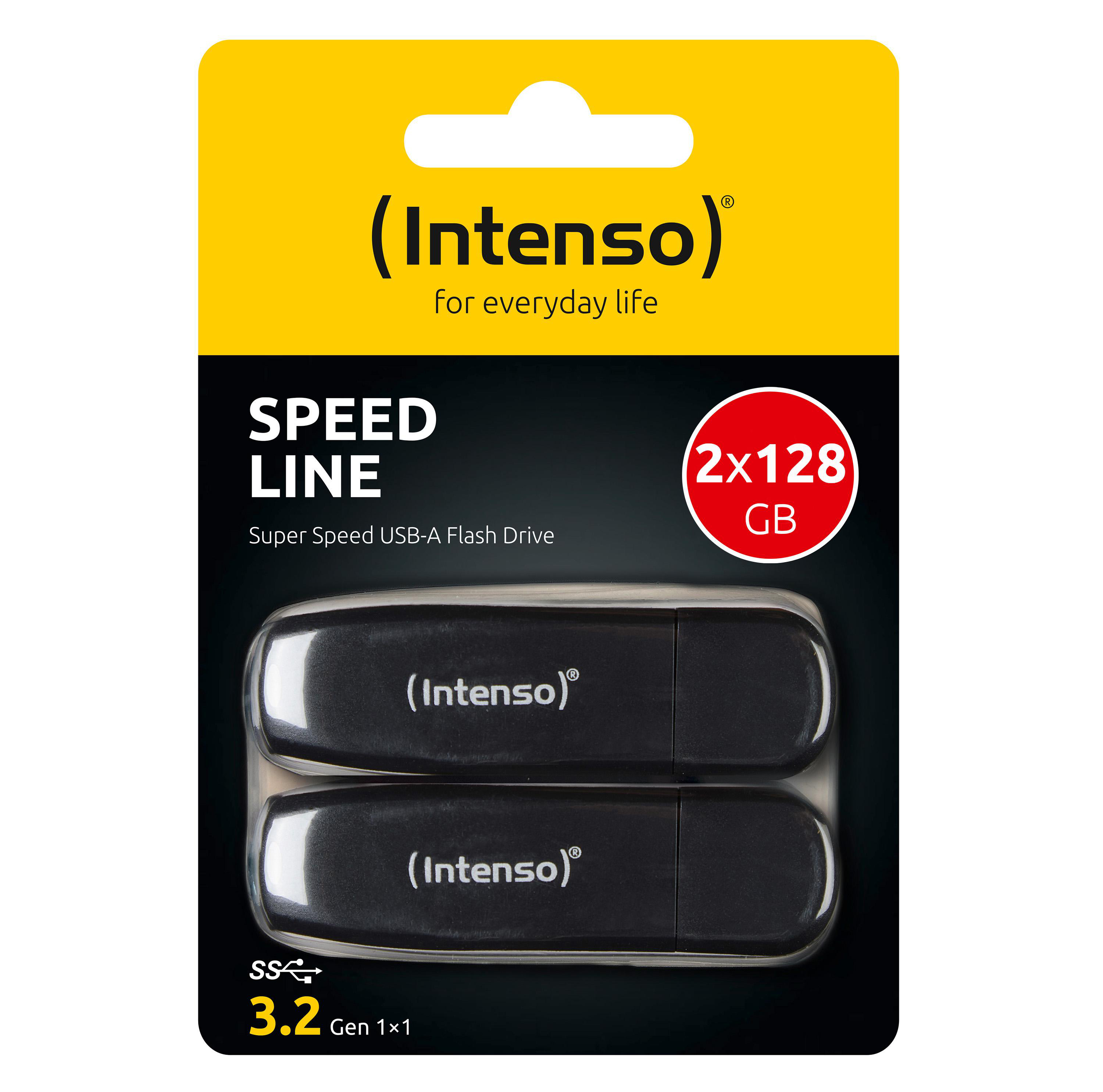 Verpackung für zwei schwarze USB-Flash-Laufwerke, beschriftet mit 'Speed Line' und '2x128 GB'.