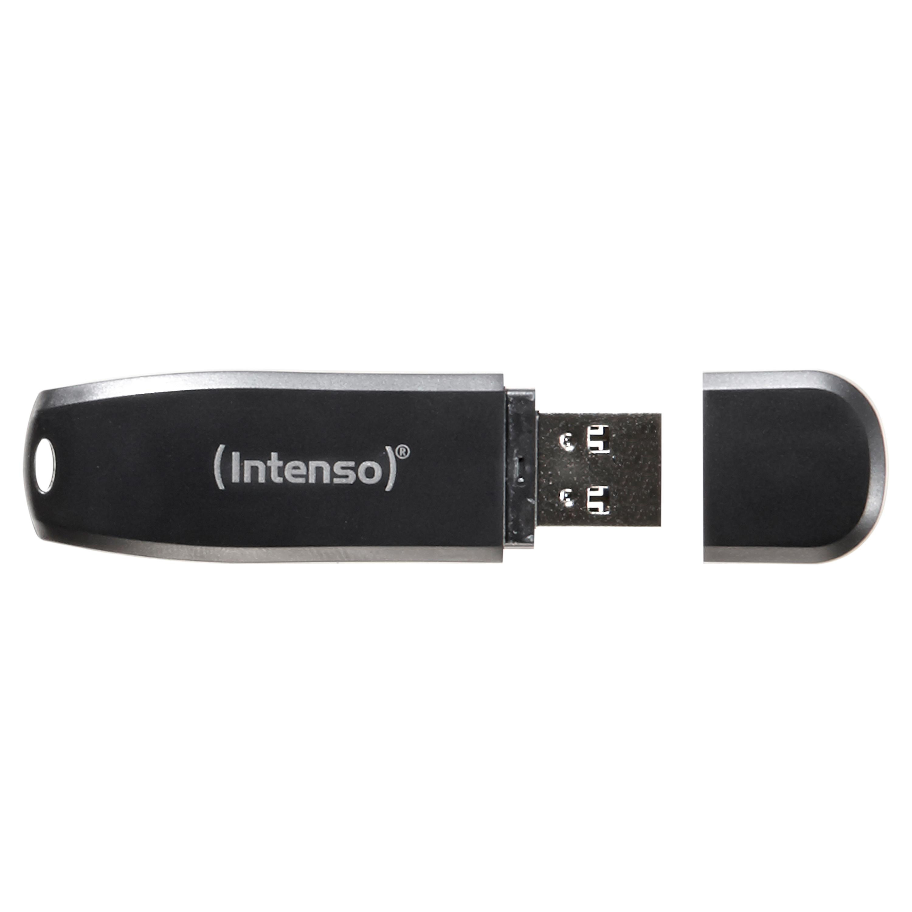 Schwarzer Intenso USB-Stick, mit abgenommener Kappe, der USB-Anschluss zeigt, auf weißem Hintergrund.