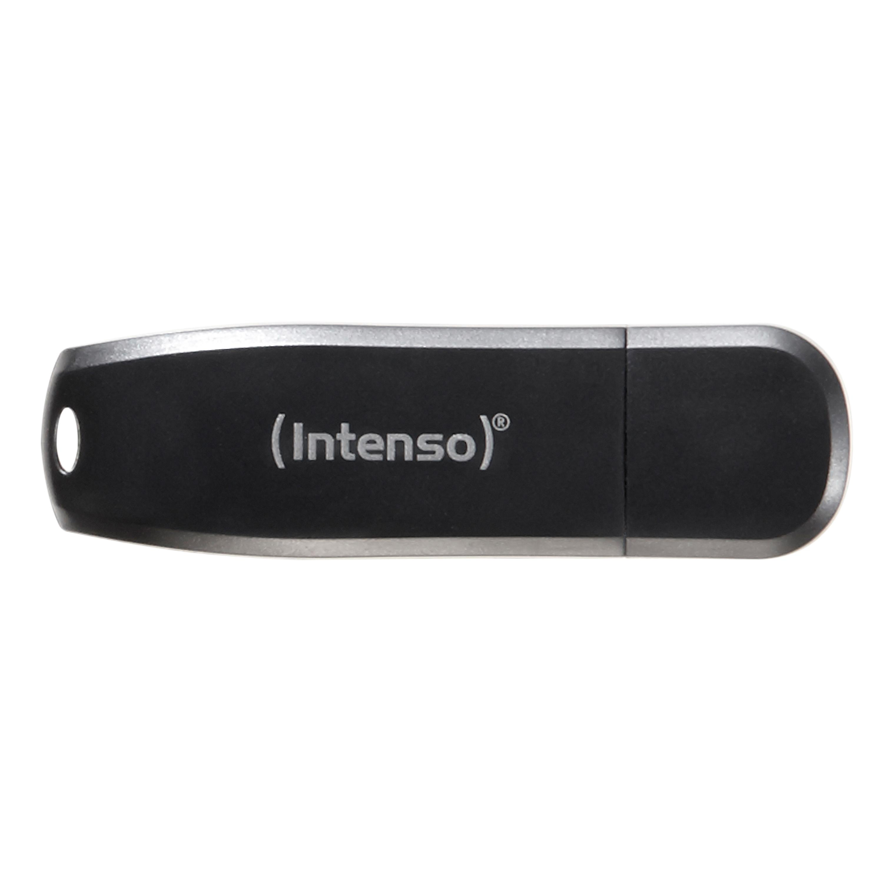 Schwarzer USB-Stick. Der Stick hat die Marke 'Intenso' darauf. Er liegt horizontal auf weißem Hintergrund.