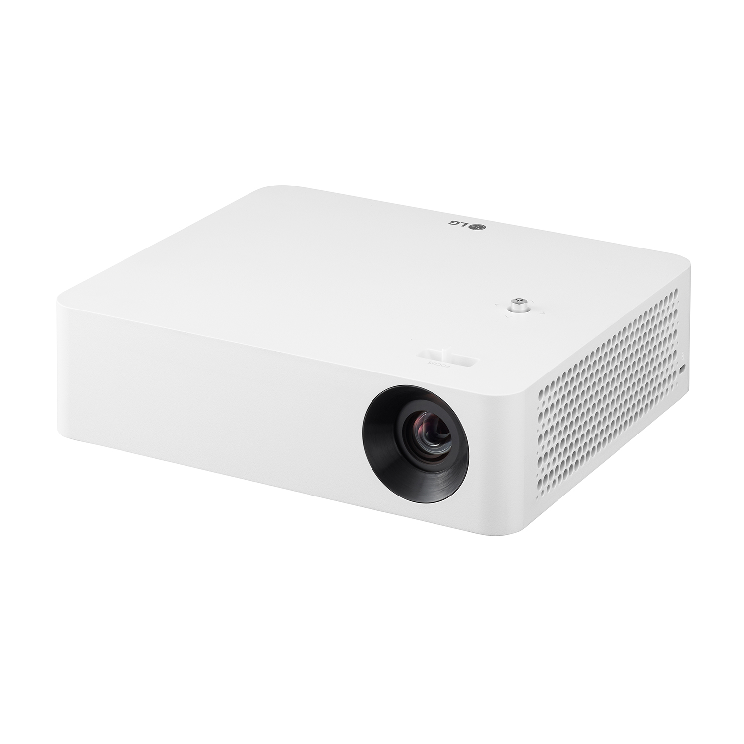 Proiettore LG bianco che mostra obiettivo e ventilazione laterale.