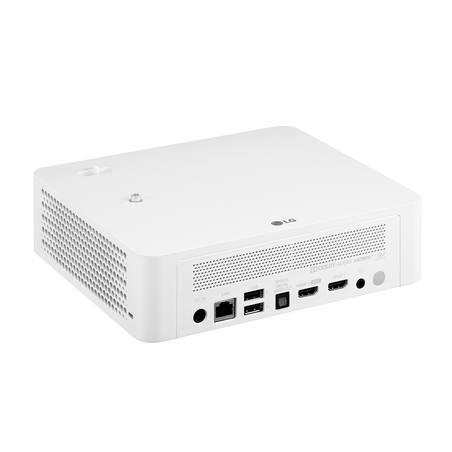 Proiettore LG bianco con porte posteriori e ventola laterale.