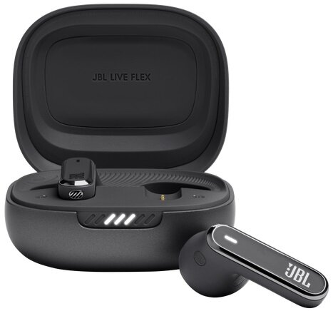 Czarne słuchawki JBL wewnątrz etui ładującego. Etui i słuchawki są czarne.