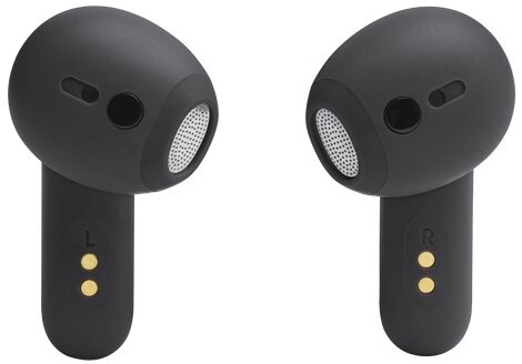 Dwa czarne słuchawki douszne o cylindrycznym kształcie. Lewa słuchawka ma 'L', prawa 'R'.