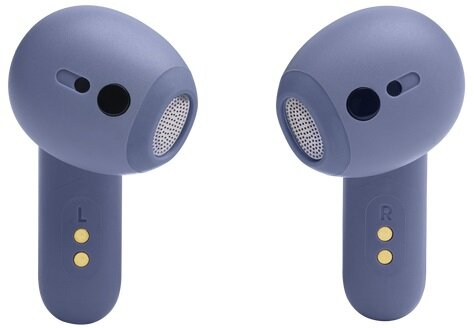 Dwa niebiesko-fioletowe słuchawki. 'L' i 'R' są oznaczone na łodygach. Czarna siatka zakrywa otwory głośników.