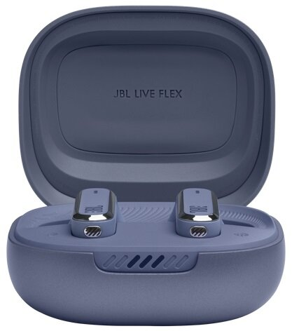 Niebieskie słuchawki JBL Live Flex i etui ładujące.