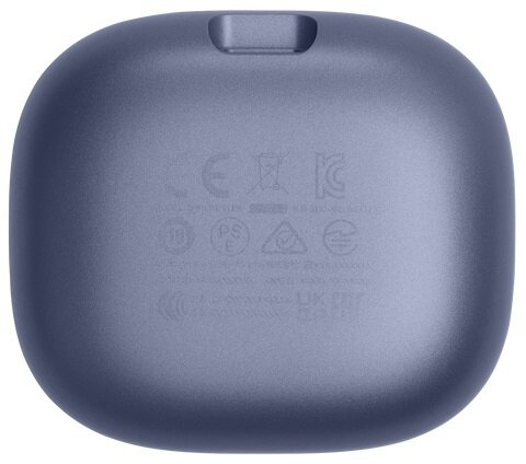 Niebieskie, owalne etui ładujące. Etui ma małe wcięcie u góry i tekst na dole.