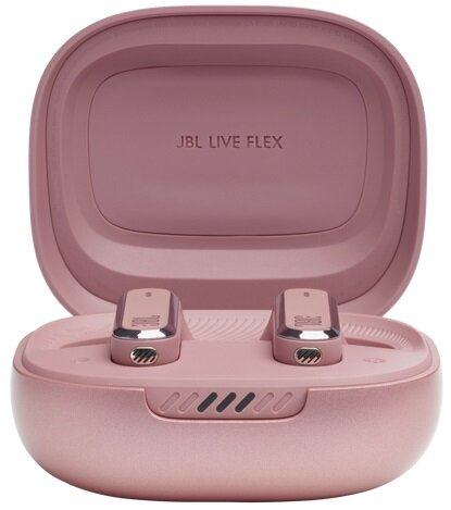 Różowe bezprzewodowe słuchawki w różowym etui ładującym, otwarte.