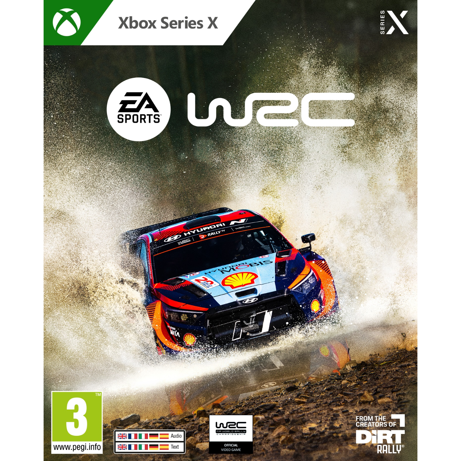 Xbox Series X game cover: WRC, een auto in een splash van water. EA Sports logo en een rating van 3+.