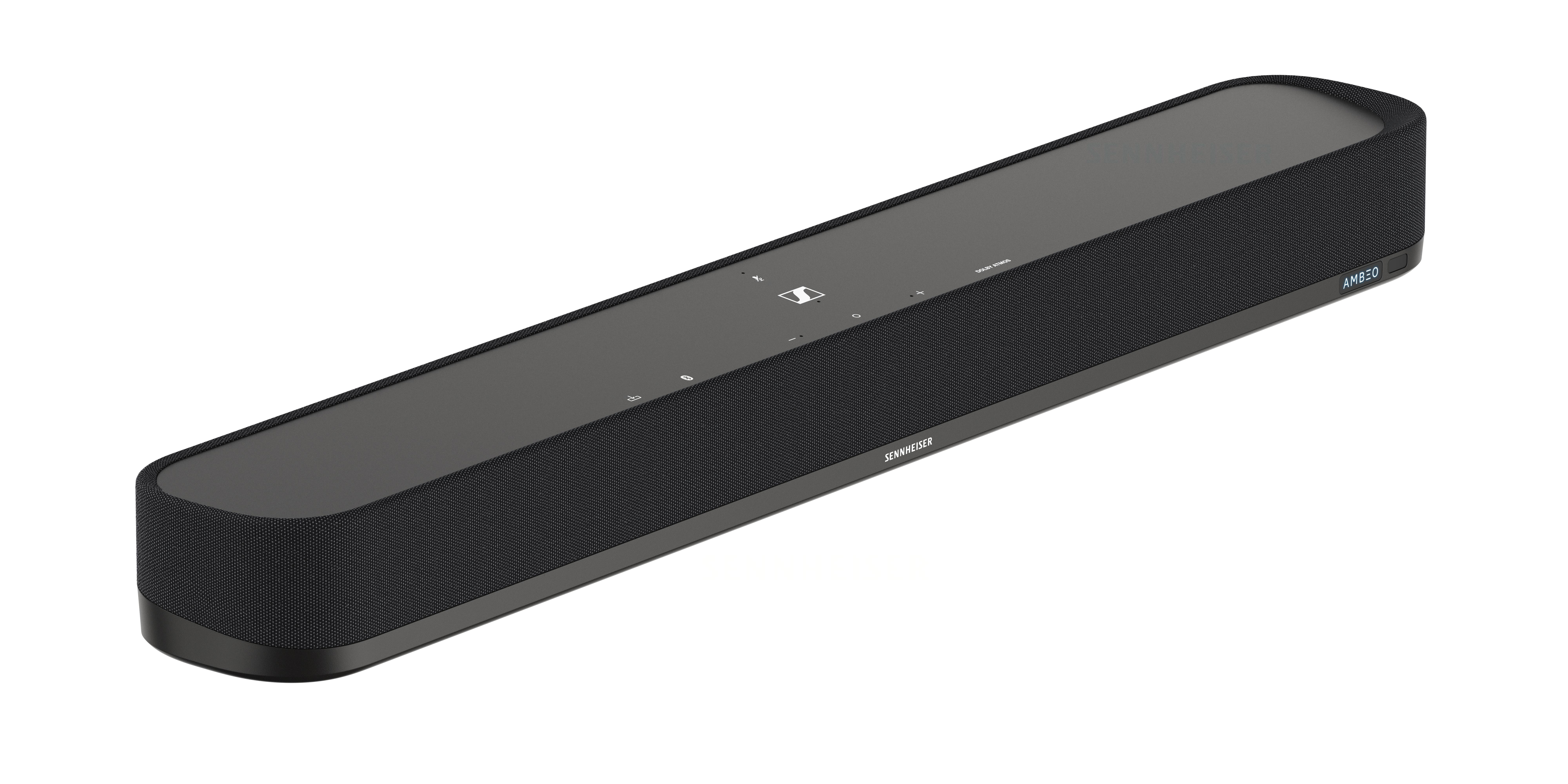 Schwarze Soundbar mit Mesh-Front. Tasten oben. Sennheiser und Modellname sind sichtbar.