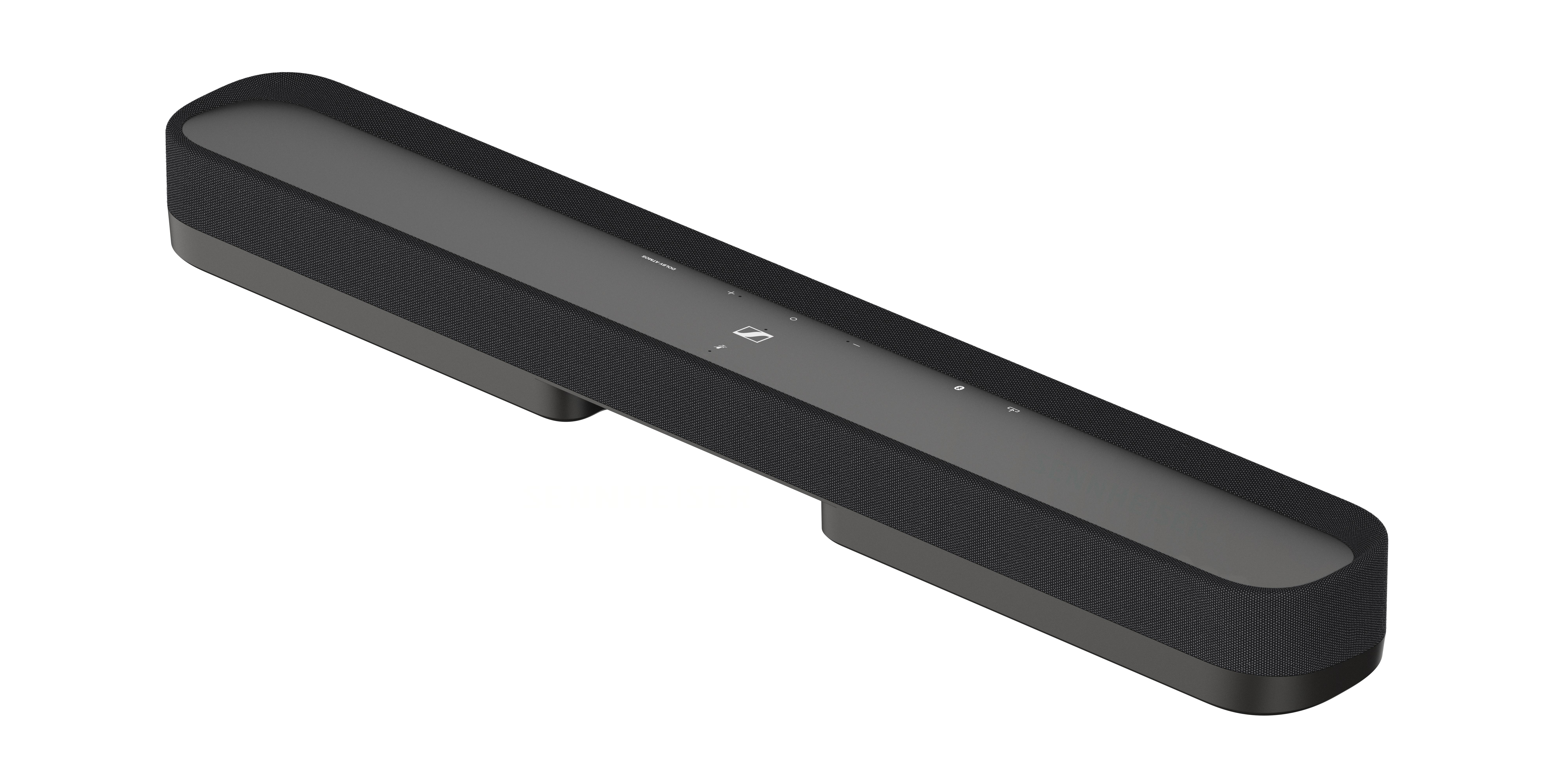 Schwarze Soundbar mit Stoffbezug und silbernen Knöpfen. Sie steht auf zwei schwarzen Füßen.
