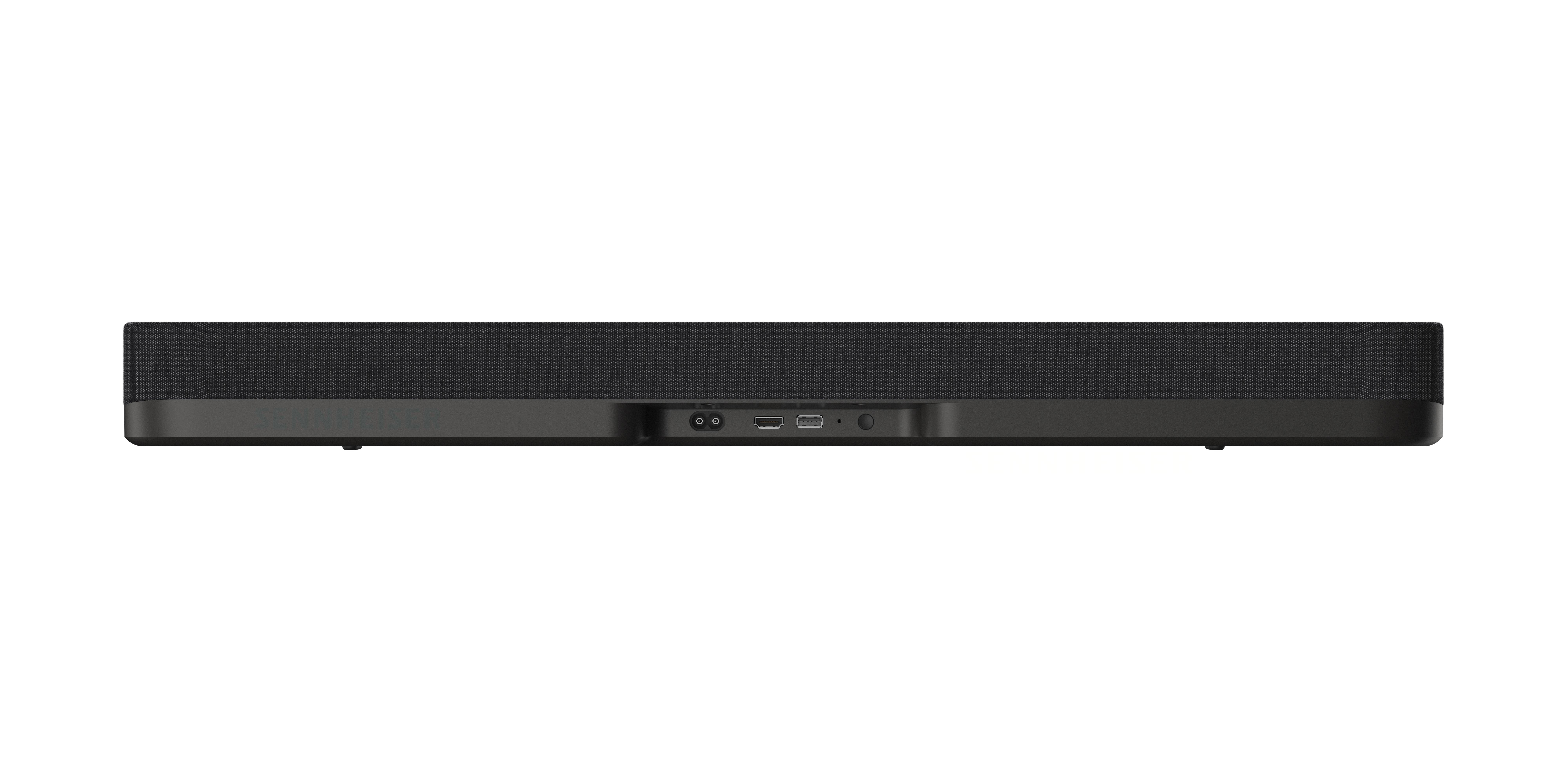 Schwarze Soundbar mit Anschlüssen auf der Rückseite. Sie ist vor einem weißen Hintergrund platziert.